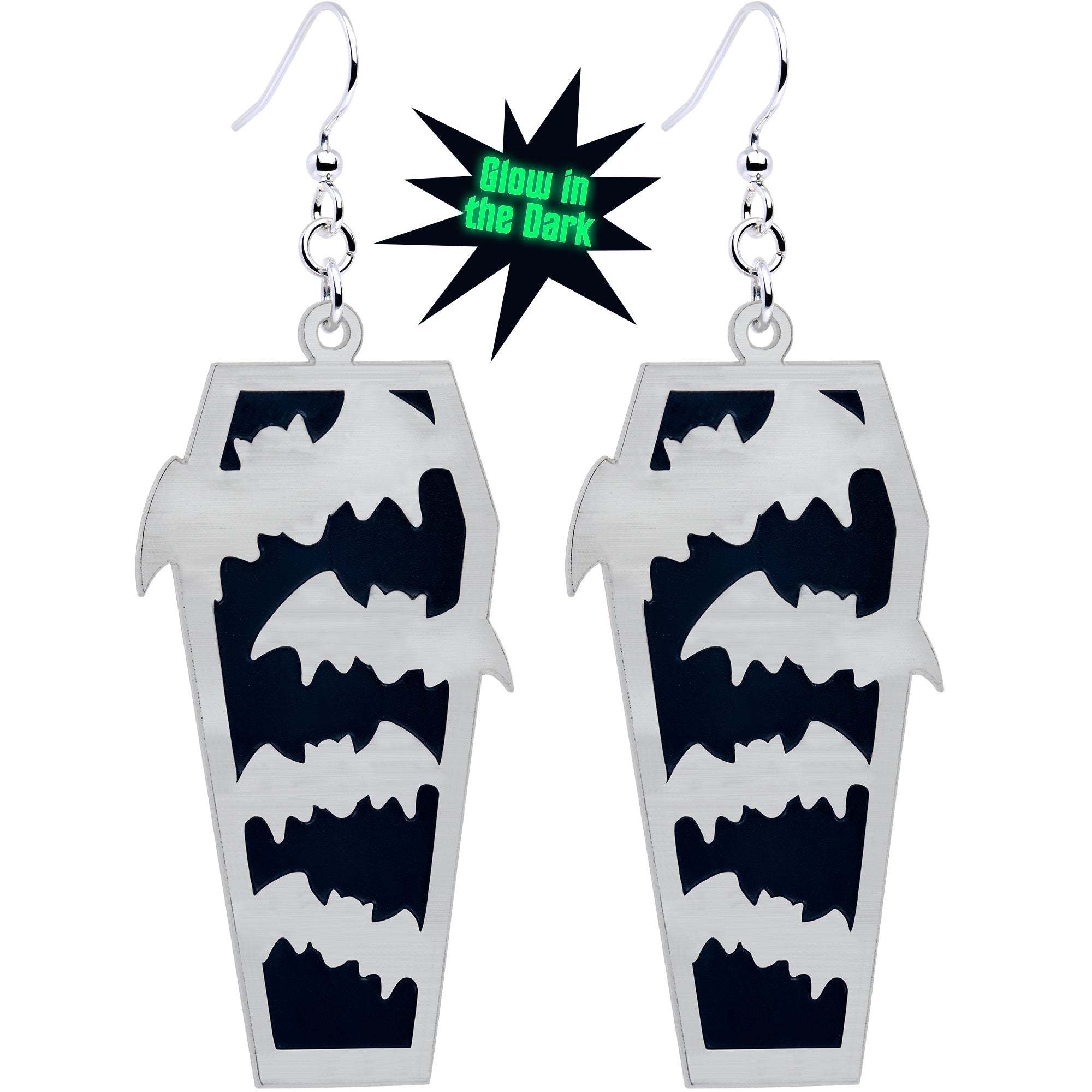 BodyCandy Glowing Bats Coffin Glow in the Dark Dangle Earrings by Onyx O — main product shot