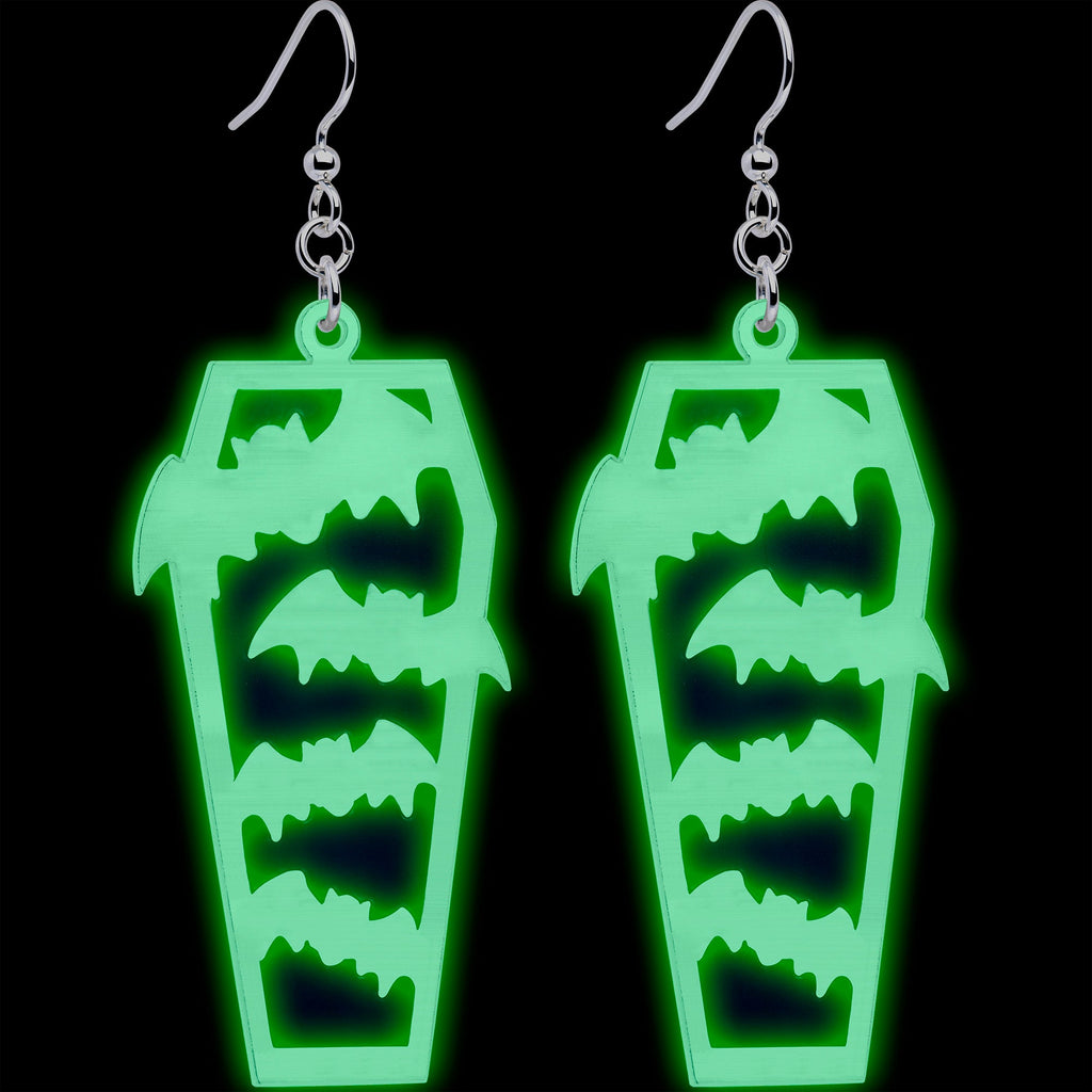 BodyCandy Glowing Bats Coffin Glow in the Dark Dangle Earrings by Onyx O — detail close-up