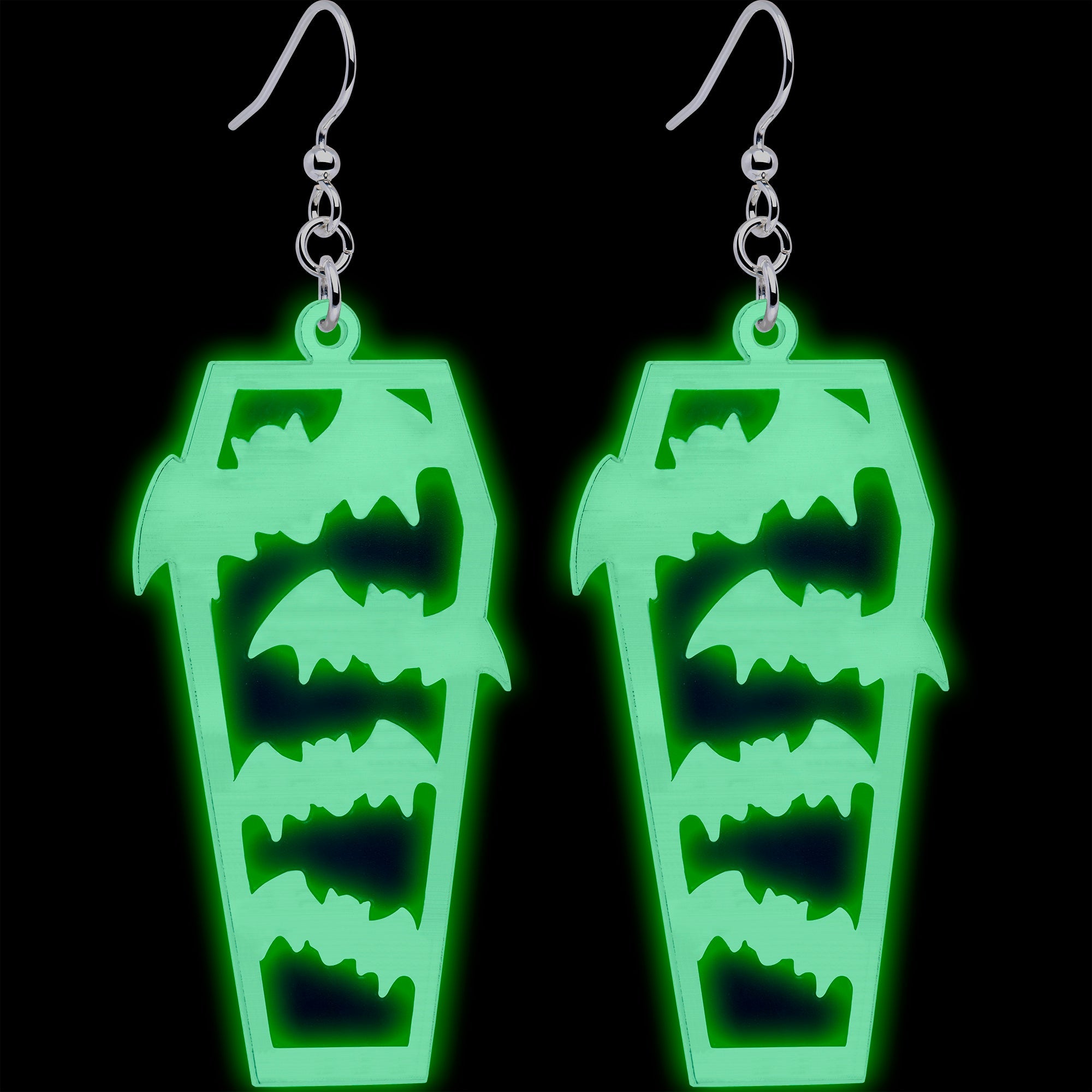 BodyCandy Glowing Bats Coffin Glow in the Dark Dangle Earrings by Onyx O — detail close-up