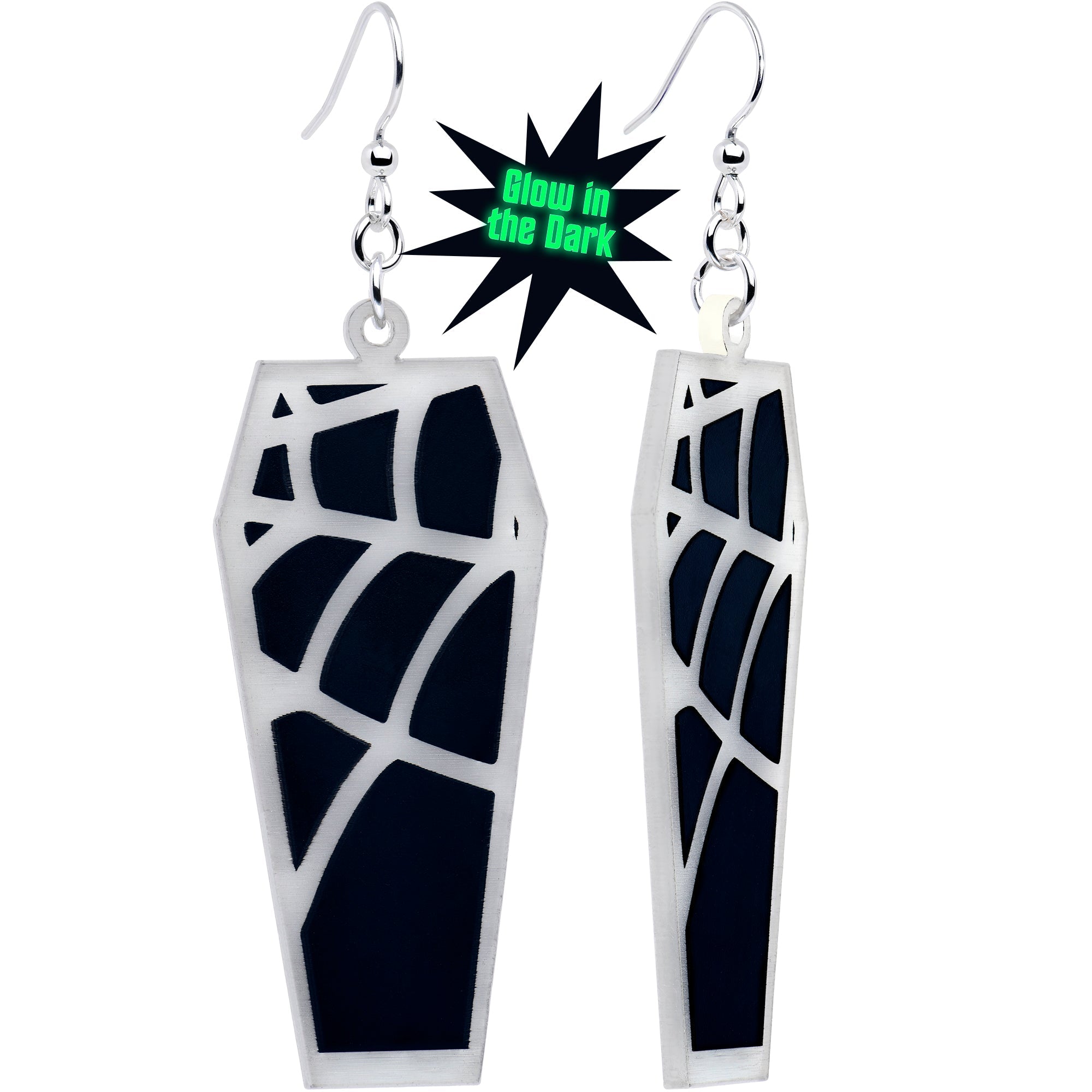 BodyCandy Glowing Spider Web Coffin Glow in the Dark Dangle Earrings by Onyx O — main product shot