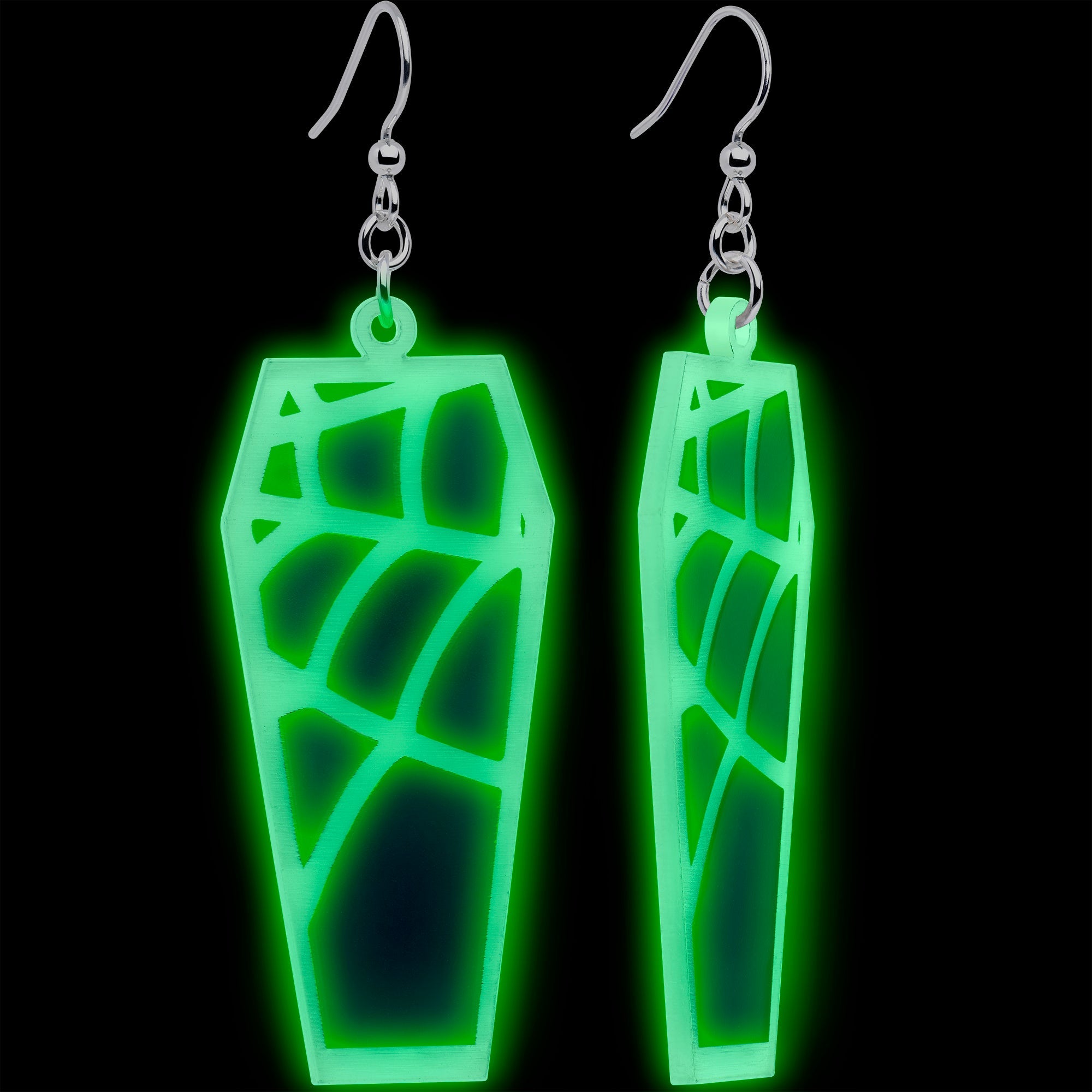 BodyCandy Glowing Spider Web Coffin Glow in the Dark Dangle Earrings by Onyx O — detail close-up