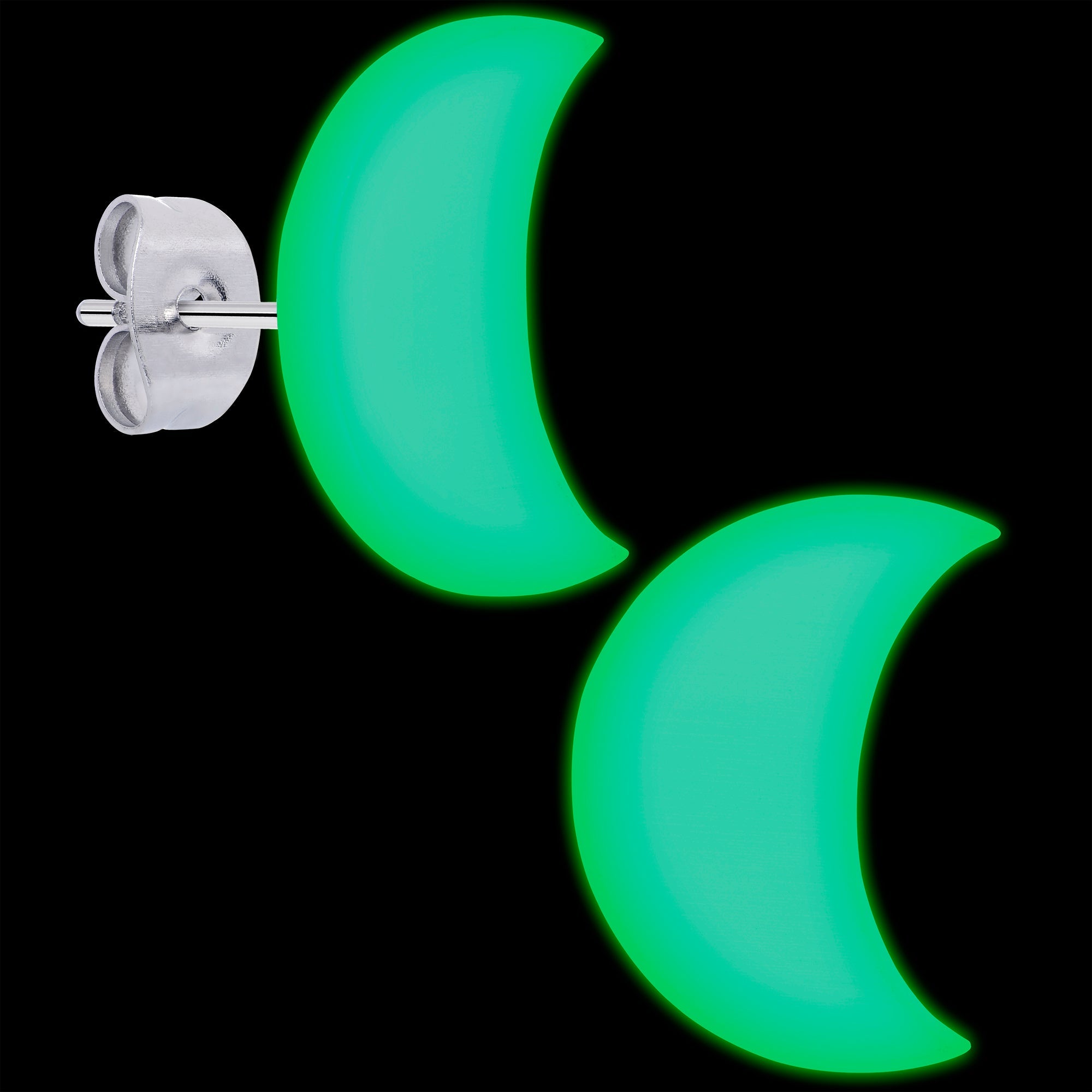 BodyCandy Crescent Moon Glow in the Dark Stud Earrings by Onyx O — detail close-up