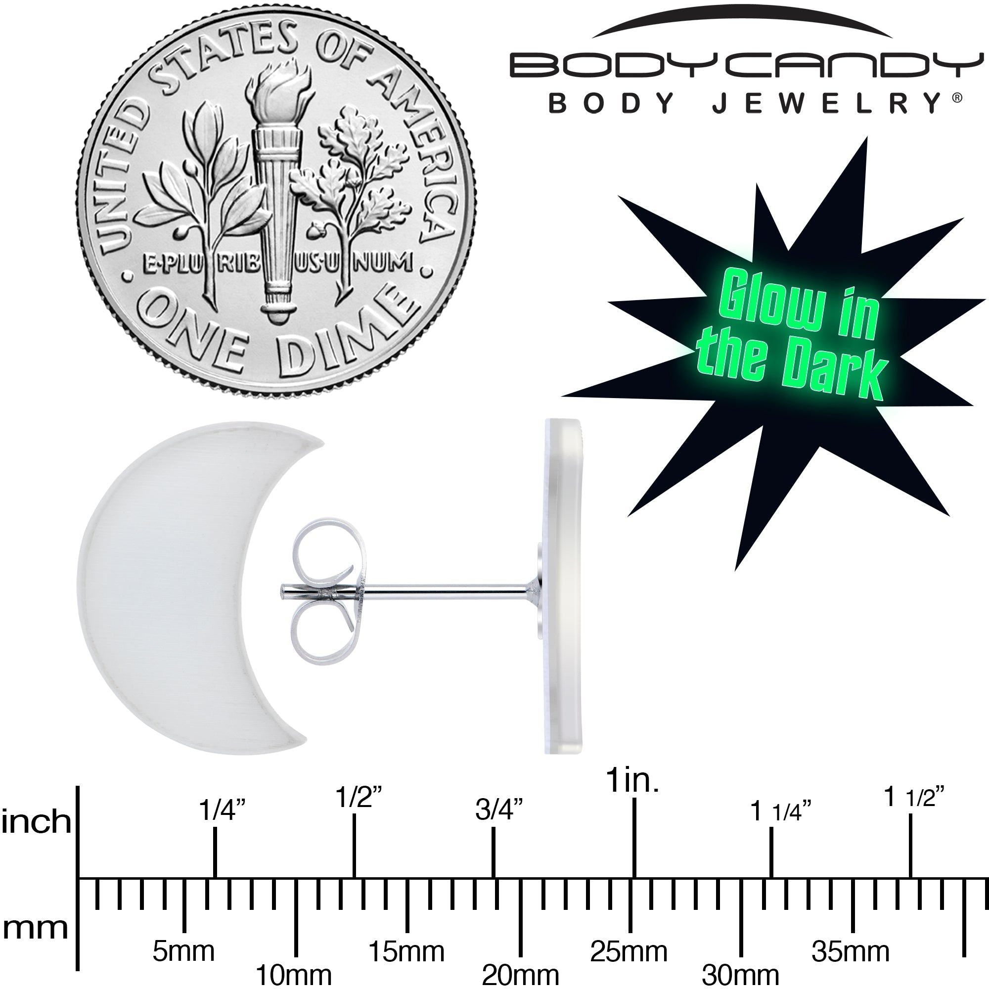 BodyCandy Crescent Moon Glow in the Dark Stud Earrings by Onyx O — side view