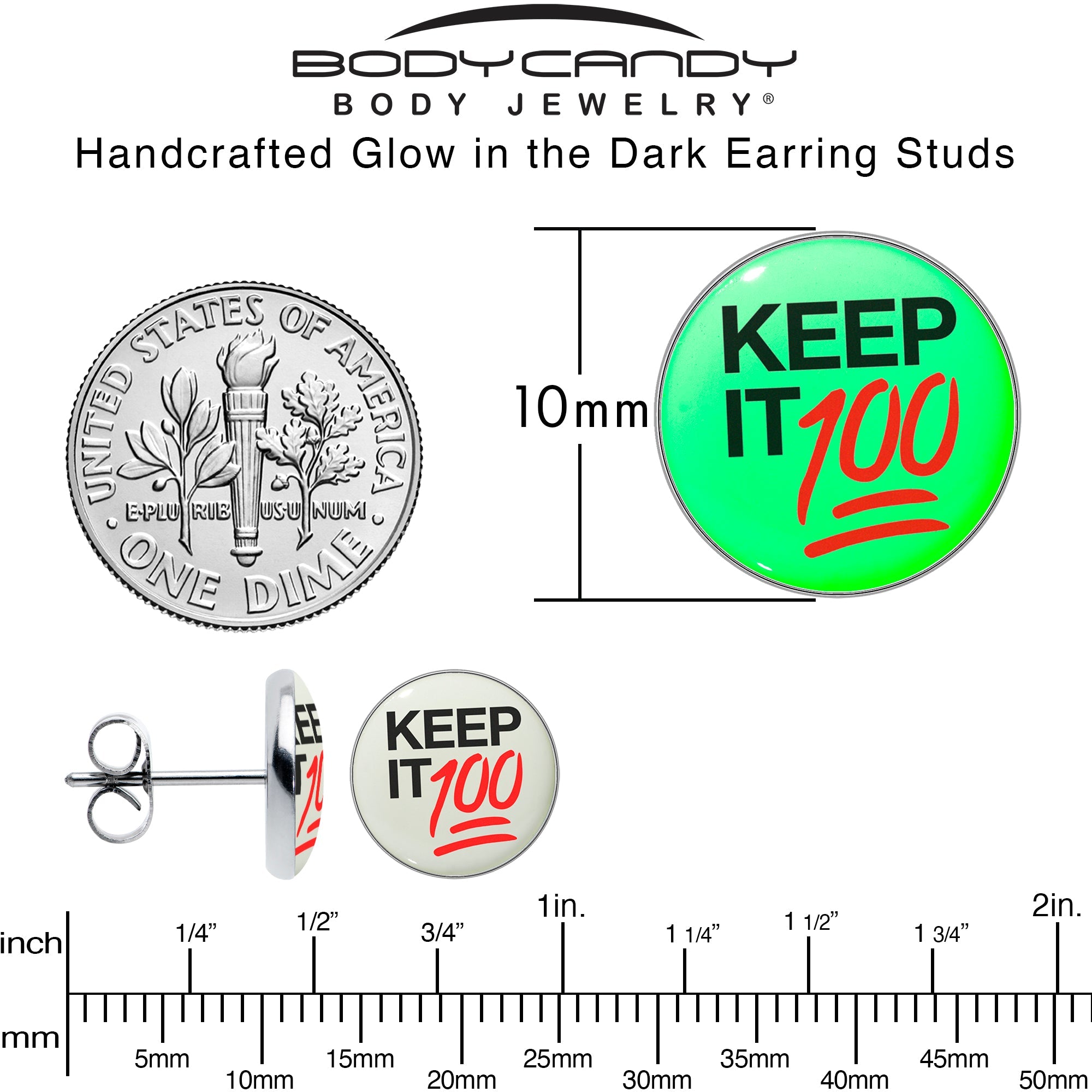 BodyCandy Keep it 100 Glow in the Dark Stud Earrings by Onyx O — alternative angle