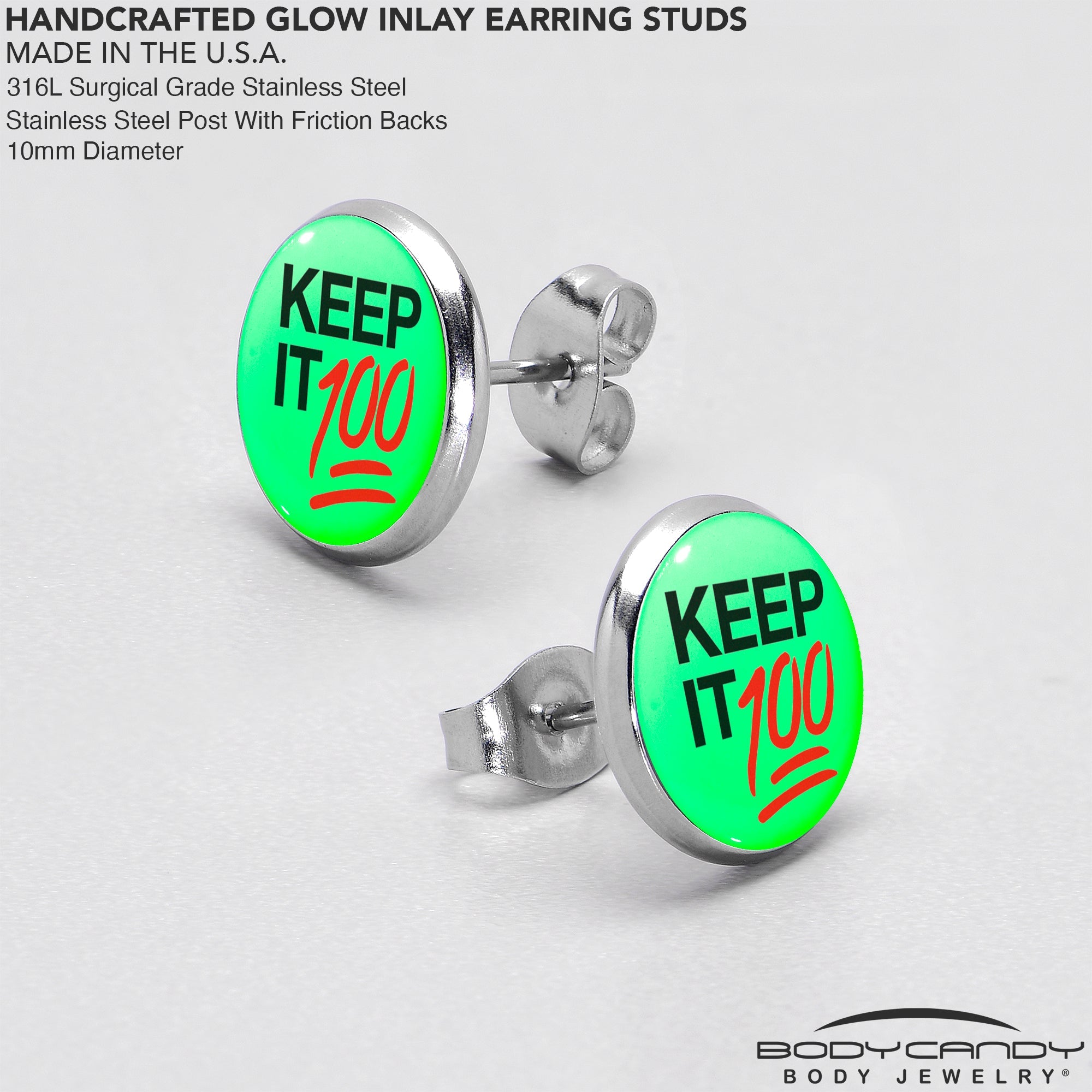 BodyCandy Keep it 100 Glow in the Dark Stud Earrings by Onyx O — in-use photo