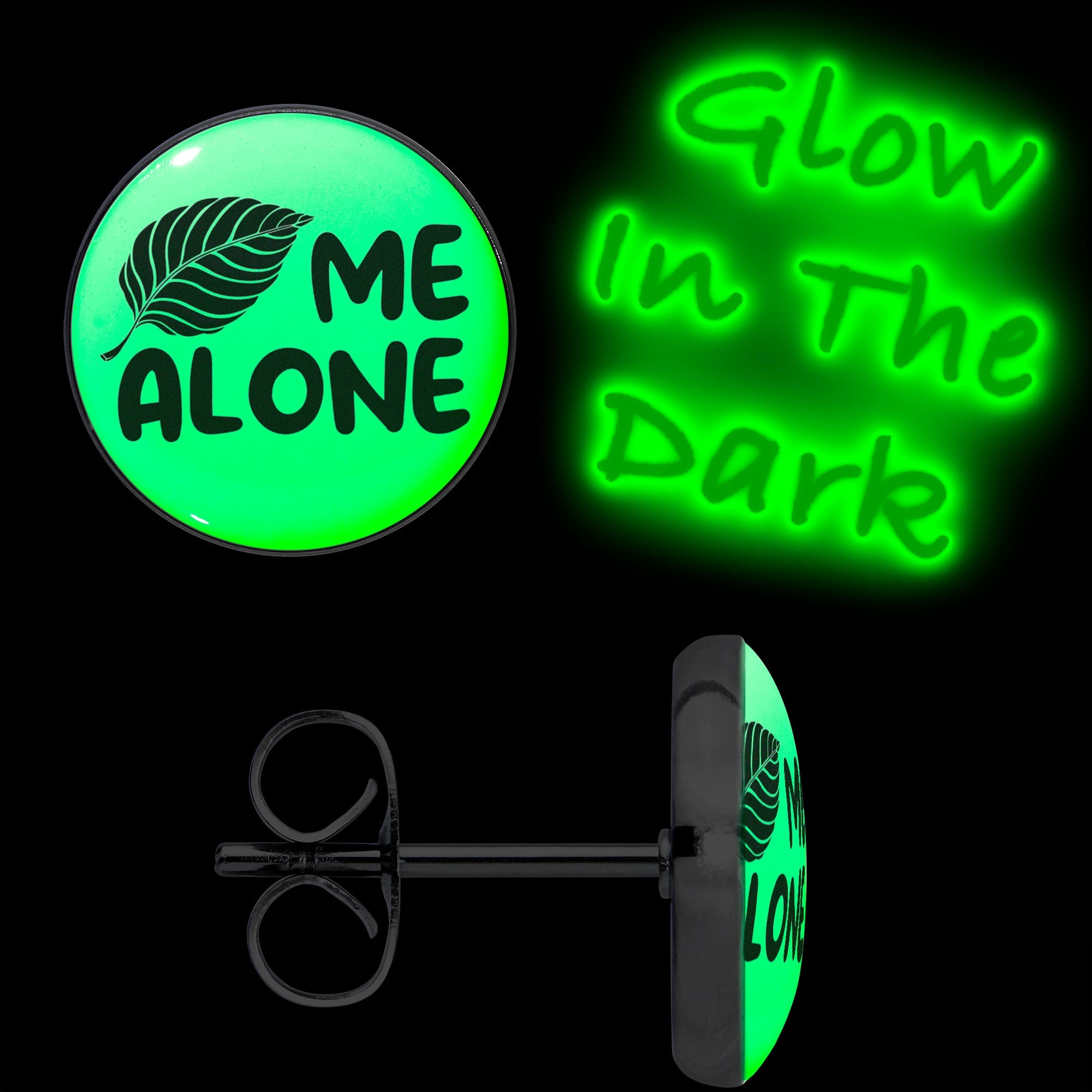 BodyCandy Leaf Me Alone Glow in the Dark Stud Earrings by Onyx O — detail close-up