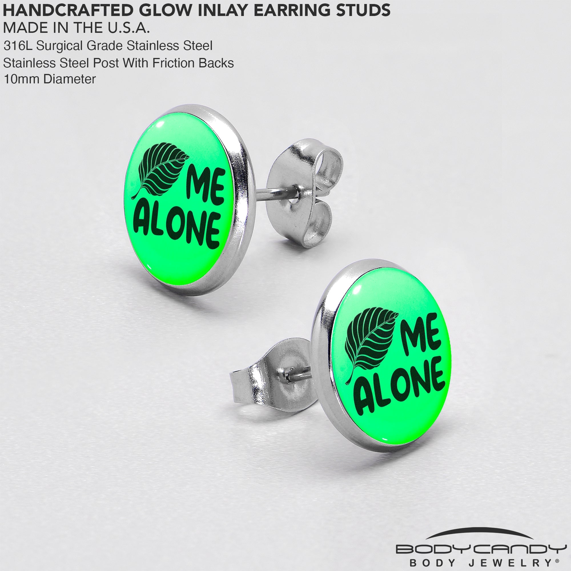 BodyCandy Leaf Me Alone Glow in the Dark Stud Earrings by Onyx O — in-use photo