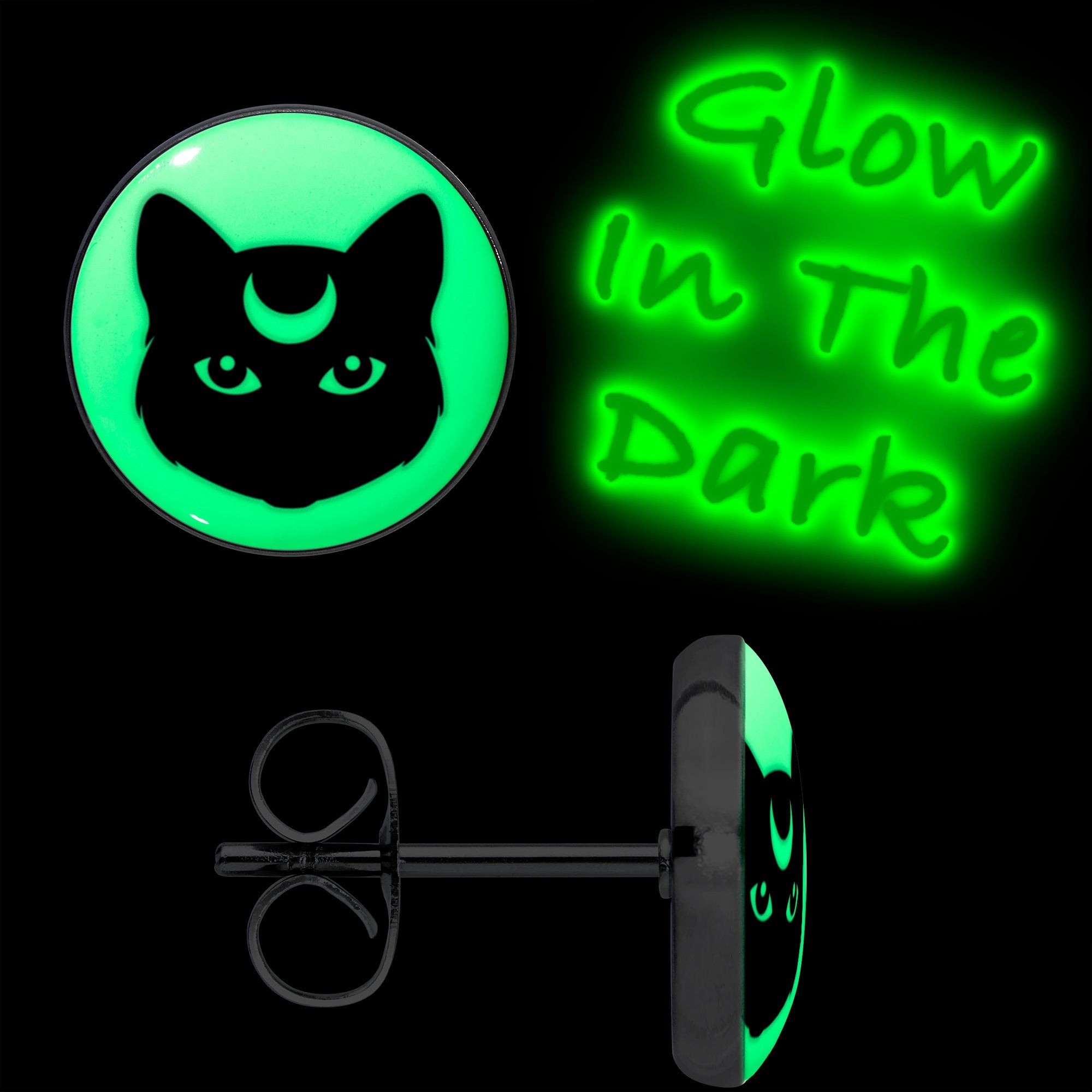 BodyCandy Mystic Kitty Cat Glow in the Dark Stud Earrings by Onyx O — detail close-up