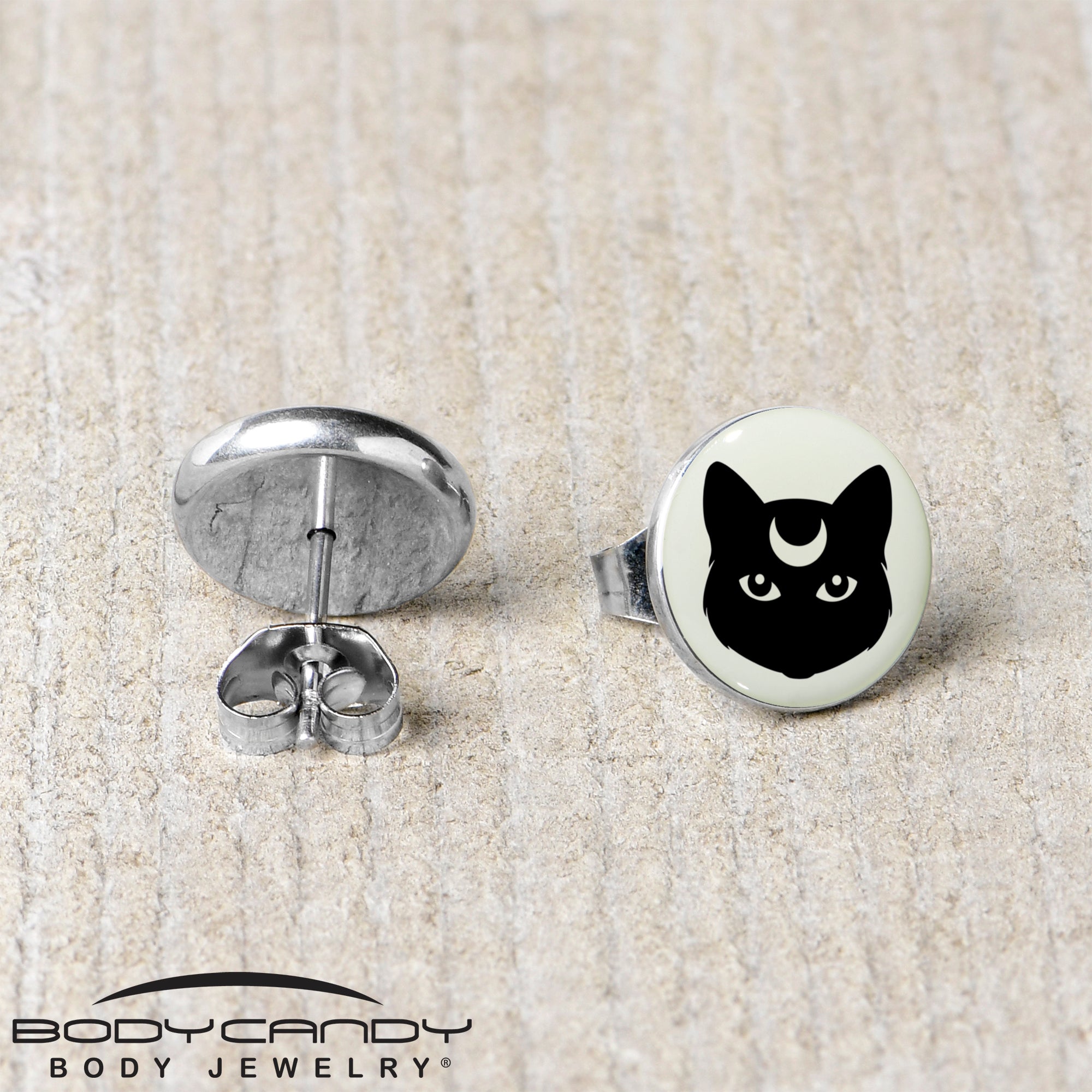 BodyCandy Mystic Kitty Cat Glow in the Dark Stud Earrings by Onyx O — back view