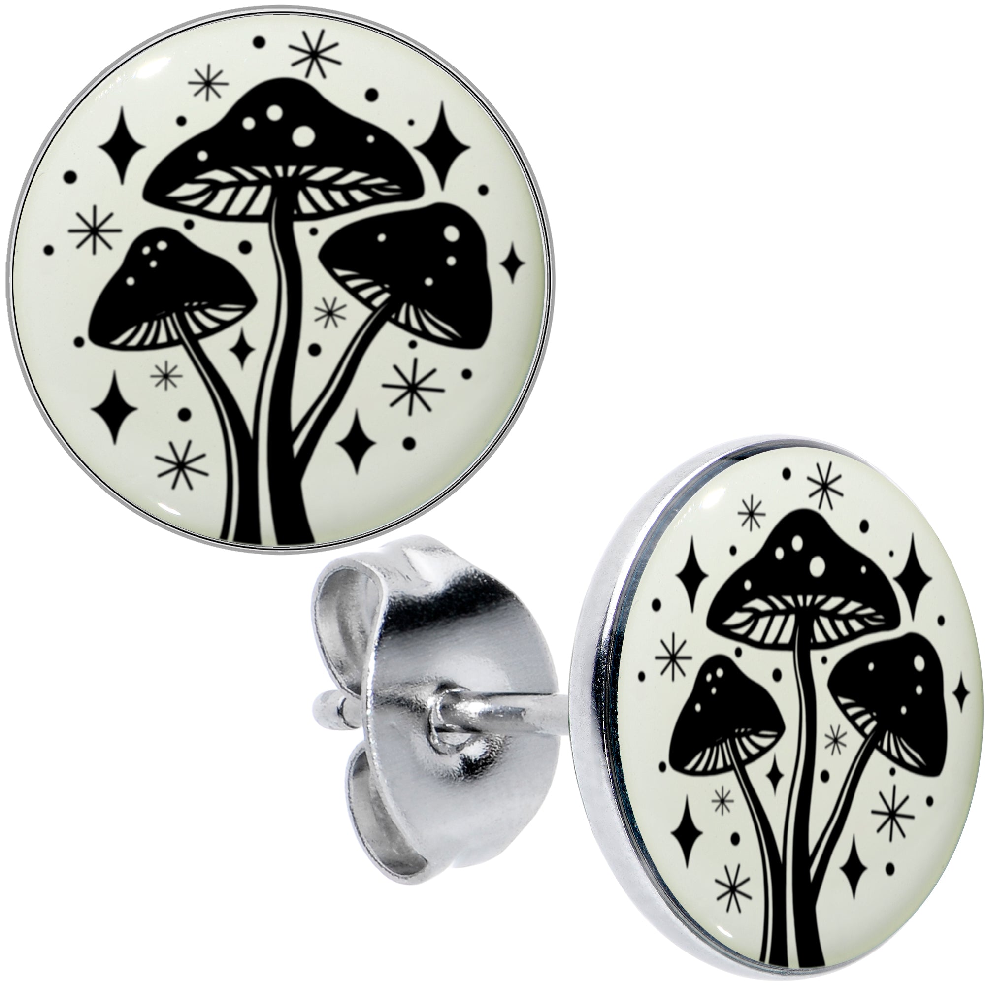 BodyCandy Mystic Mushroom Glow in the Dark Stud Earrings by Onyx O — color detail