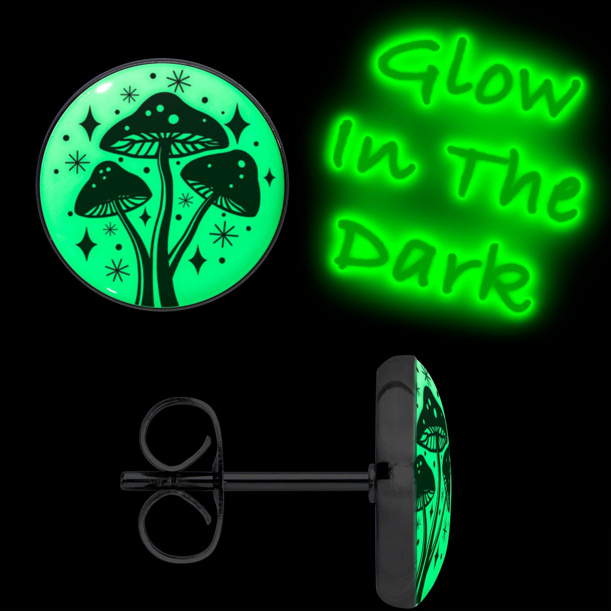 BodyCandy Mystic Mushroom Glow in the Dark Stud Earrings by Onyx O — detail close-up