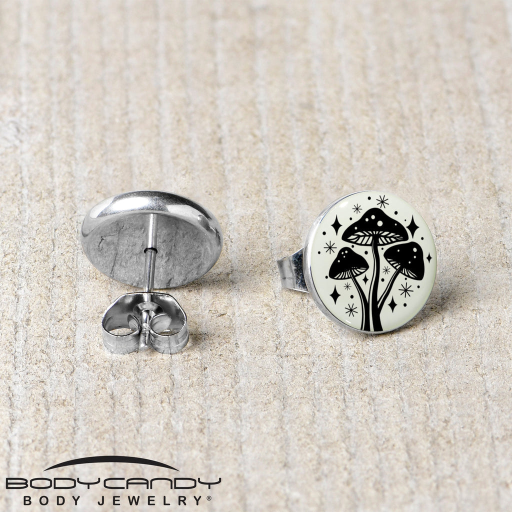 BodyCandy Mystic Mushroom Glow in the Dark Stud Earrings by Onyx O — back view