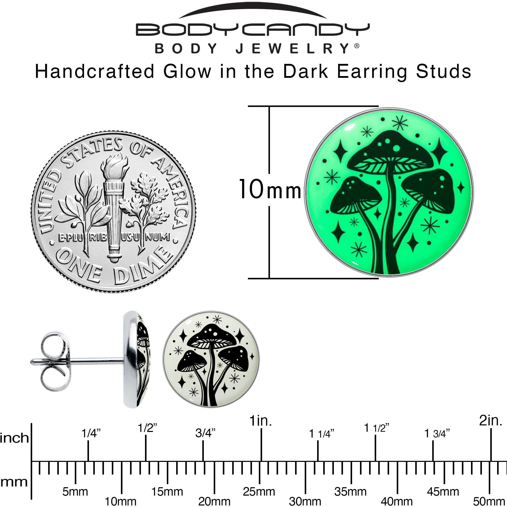 BodyCandy Mystic Mushroom Glow in the Dark Stud Earrings by Onyx O — alternative angle