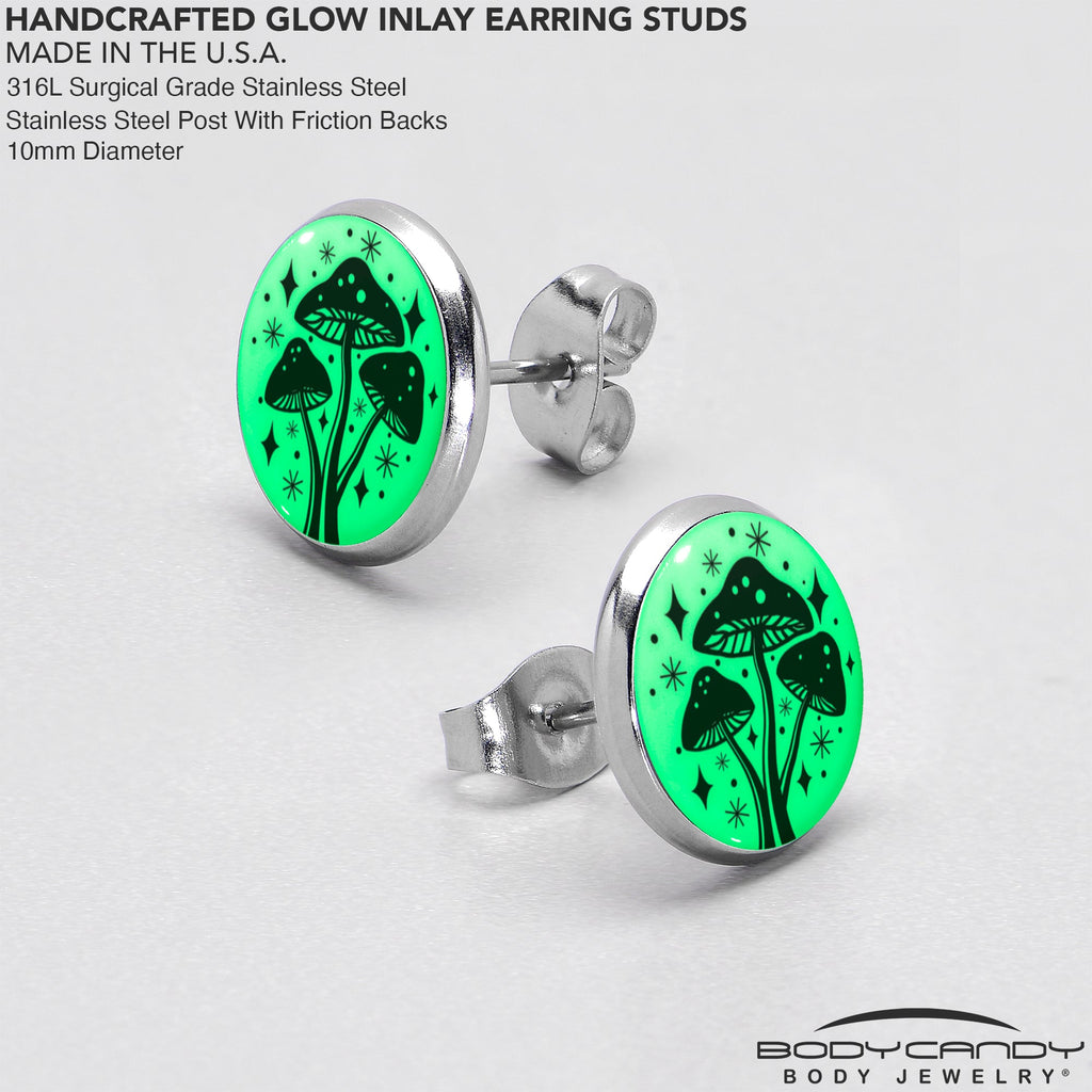 BodyCandy Mystic Mushroom Glow in the Dark Stud Earrings by Onyx O — in-use photo