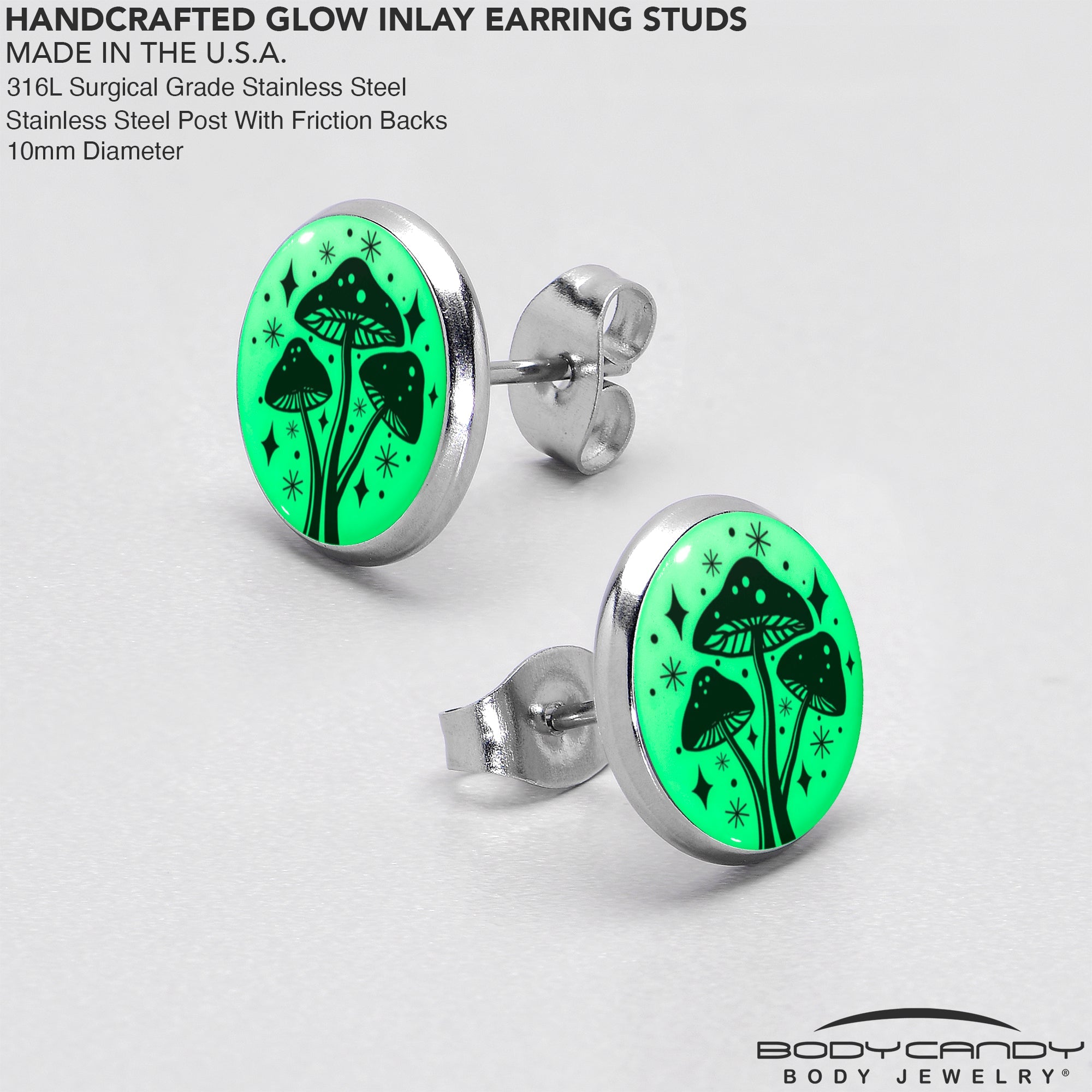 BodyCandy Mystic Mushroom Glow in the Dark Stud Earrings by Onyx O — in-use photo