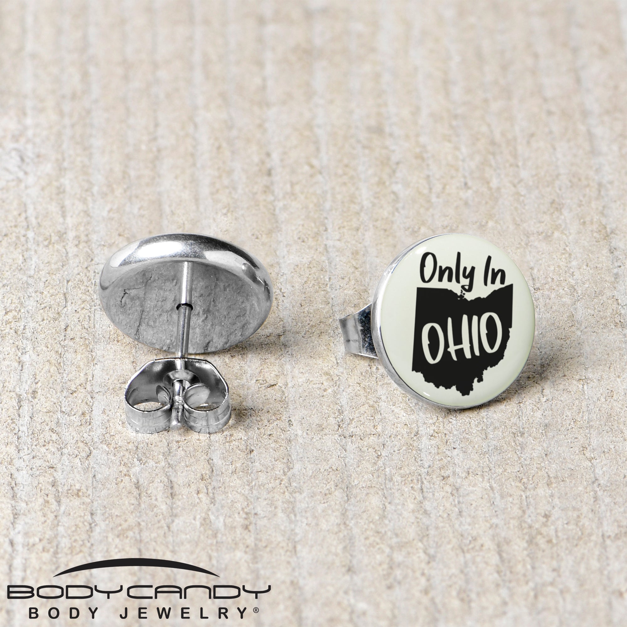 BodyCandy Only in Ohio Glow in the Dark Stud Earrings by Onyx O — back view