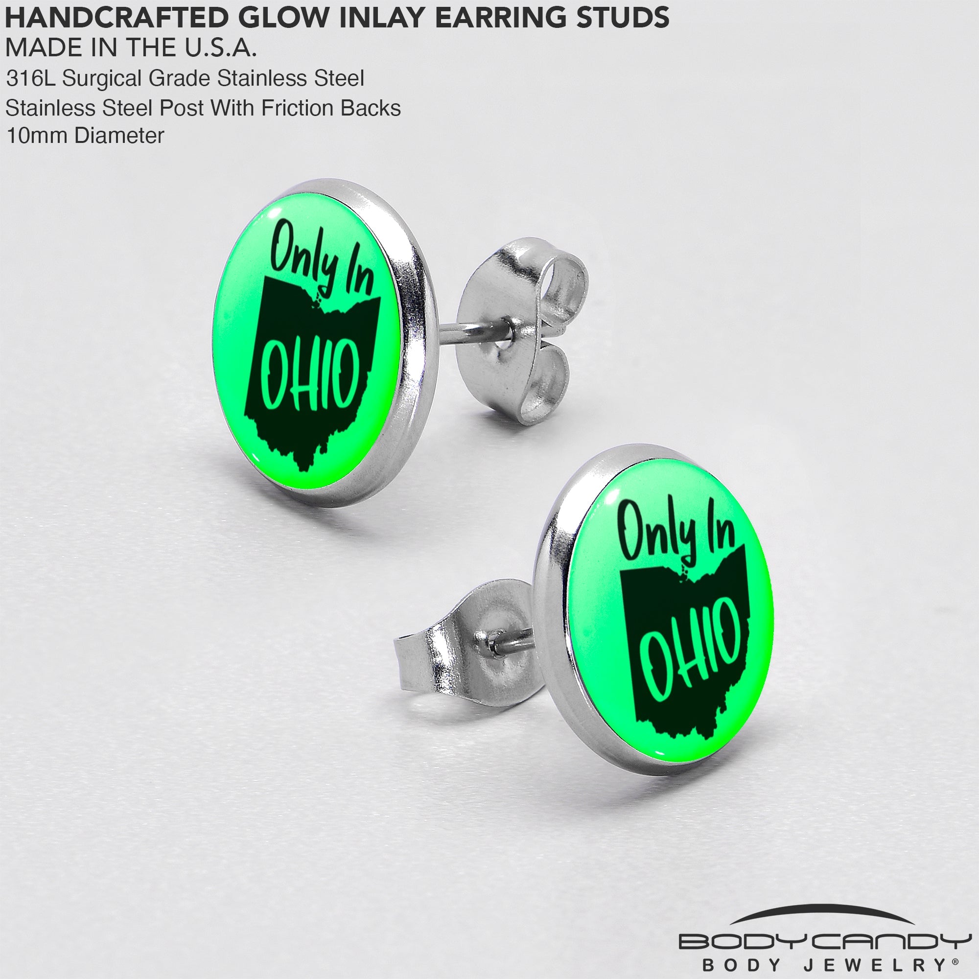 BodyCandy Only in Ohio Glow in the Dark Stud Earrings by Onyx O — in-use photo