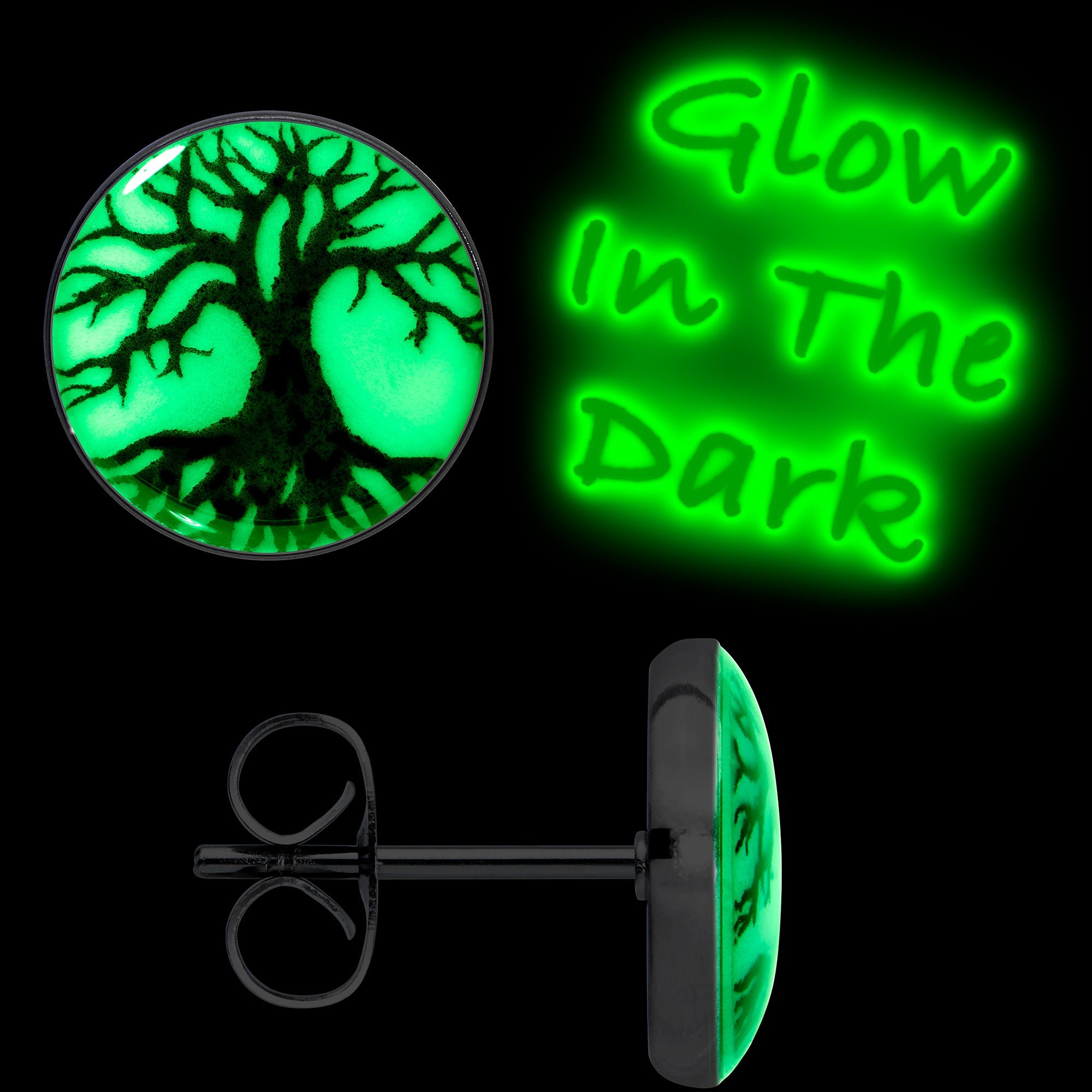 BodyCandy Stainless Steel Tree of Life Glow in the Dark Stud Earrings by Onyx O — detail close-up
