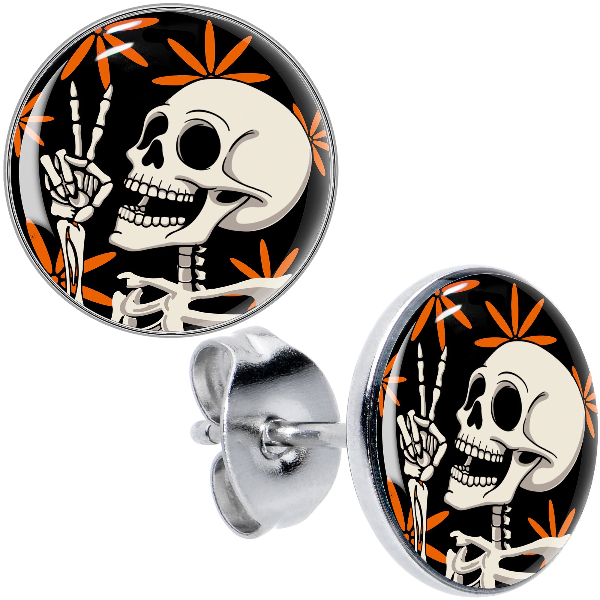 BodyCandy Peace Sign Skeleton Stud Earrings by Onyx O — main product shot