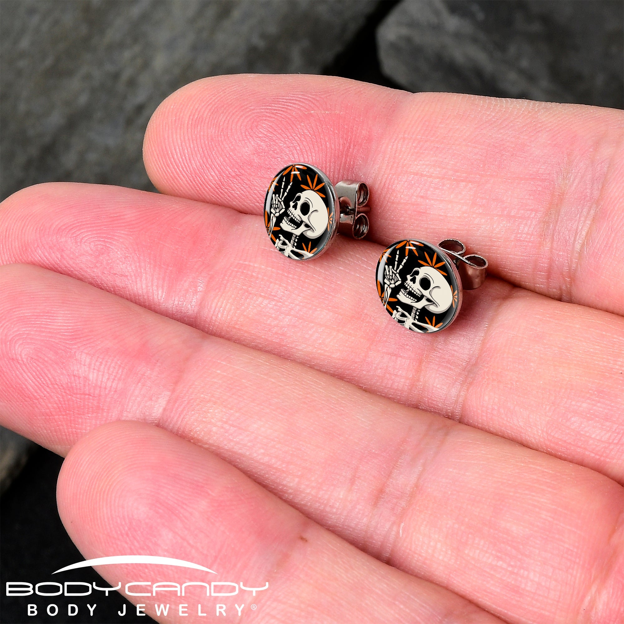 BodyCandy Peace Sign Skeleton Stud Earrings by Onyx O — detail close-up