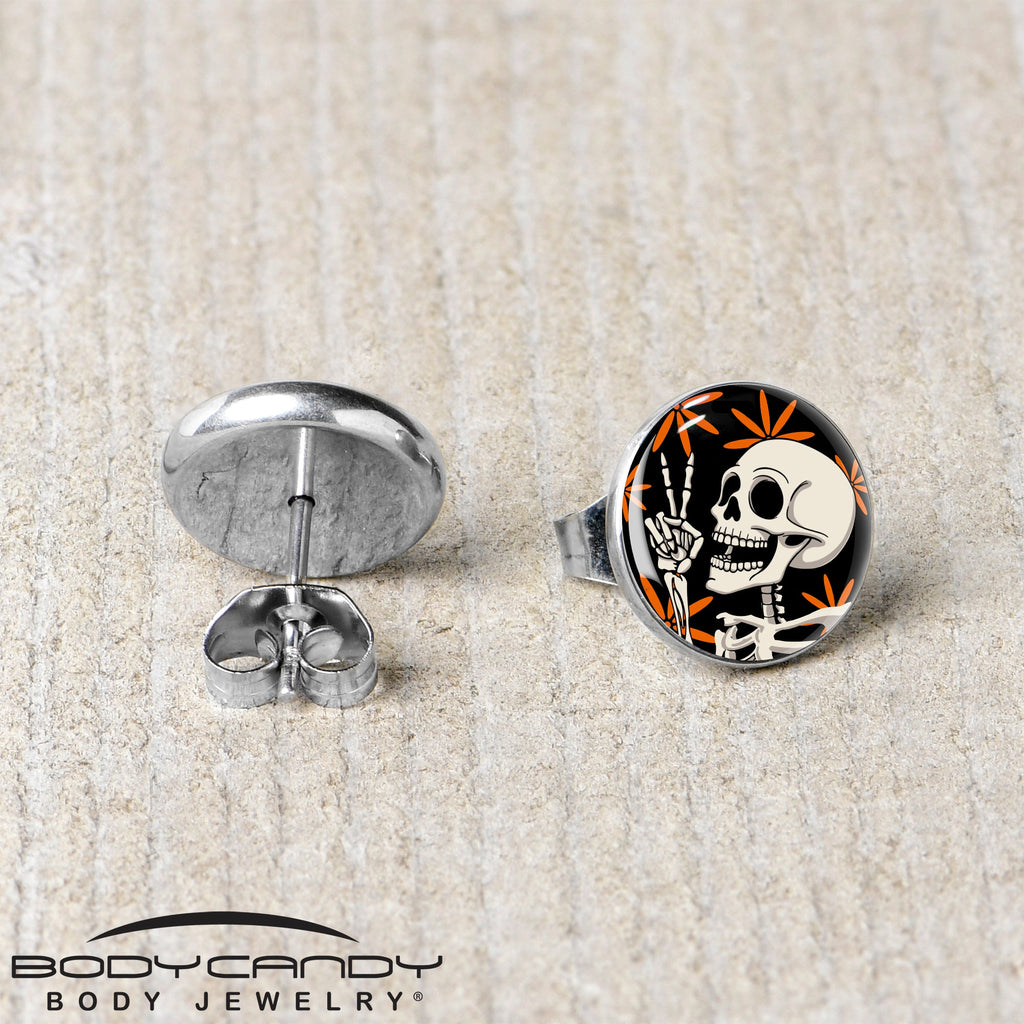 BodyCandy Peace Sign Skeleton Stud Earrings by Onyx O — back view
