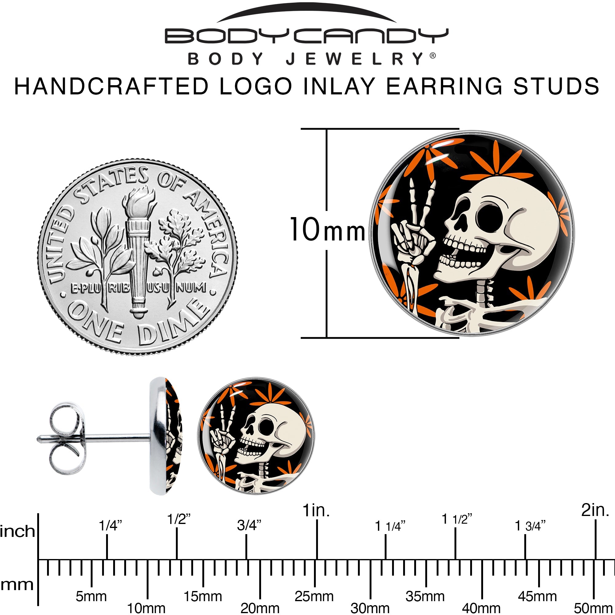 BodyCandy Peace Sign Skeleton Stud Earrings by Onyx O — alternative angle