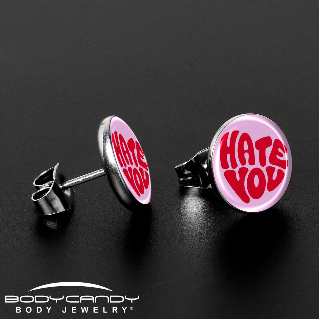 BodyCandy Retro Text Hate You Stud Earrings by Onyx O — lifestyle context