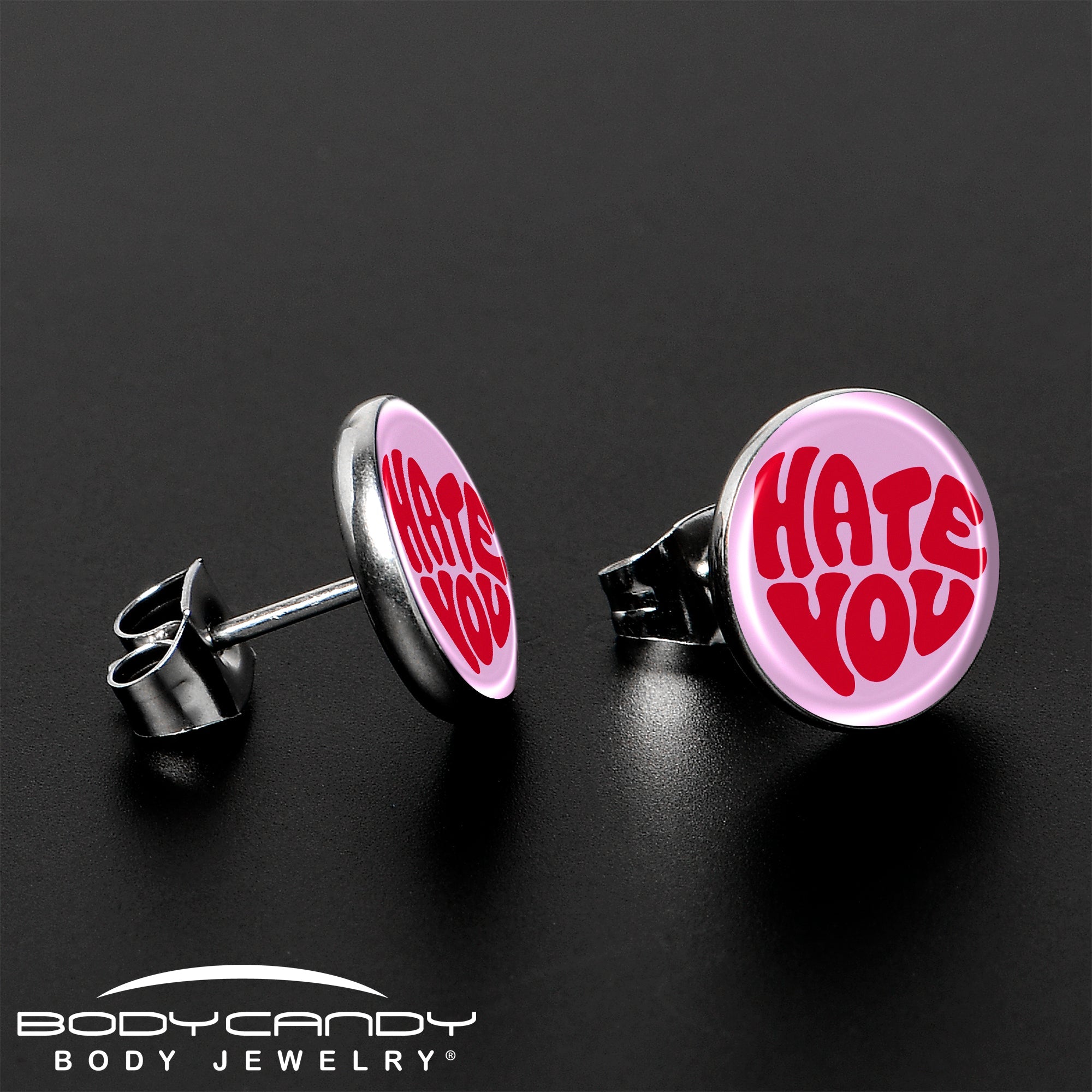 BodyCandy Retro Text Hate You Stud Earrings by Onyx O — lifestyle context
