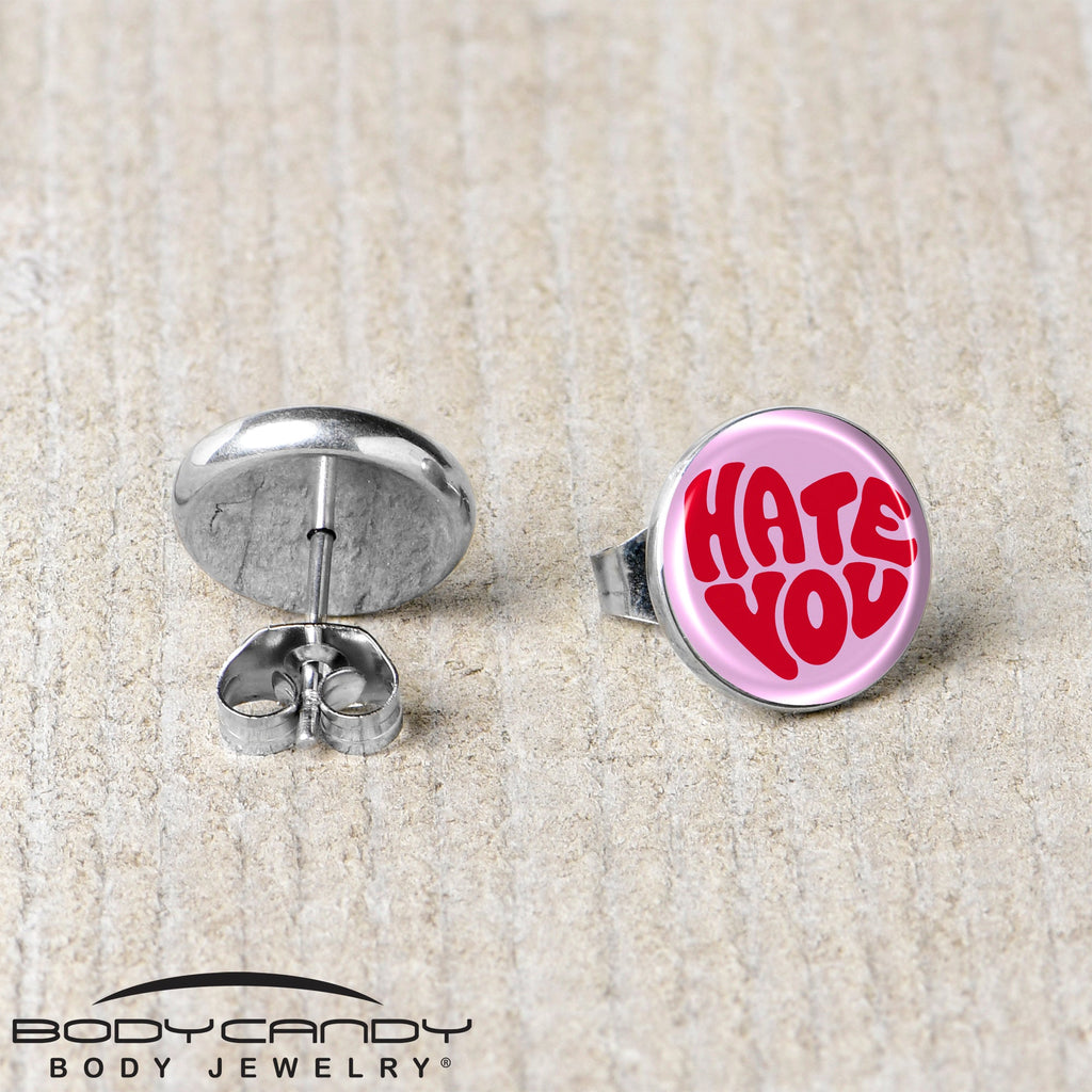 BodyCandy Retro Text Hate You Stud Earrings by Onyx O — back view