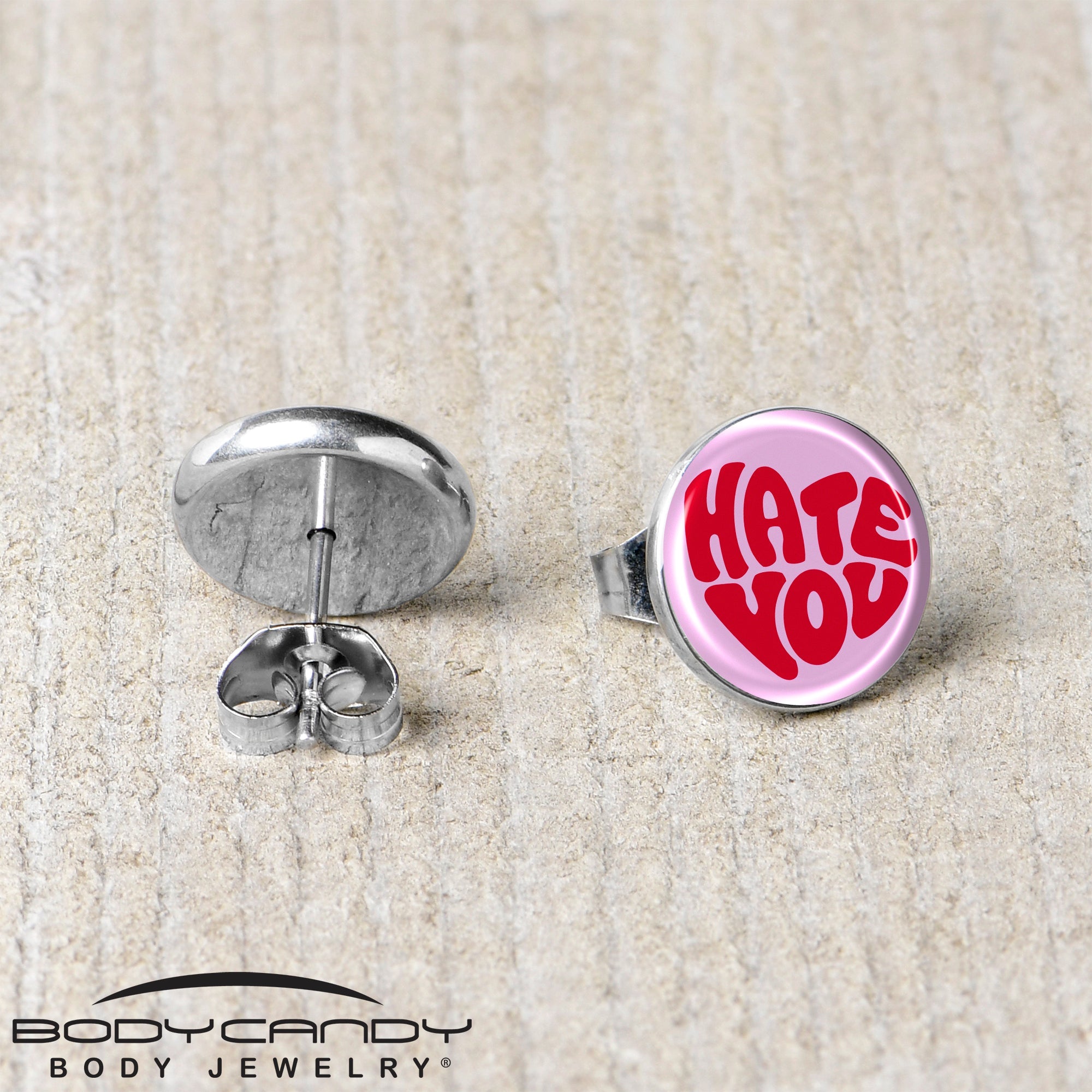 BodyCandy Retro Text Hate You Stud Earrings by Onyx O — back view