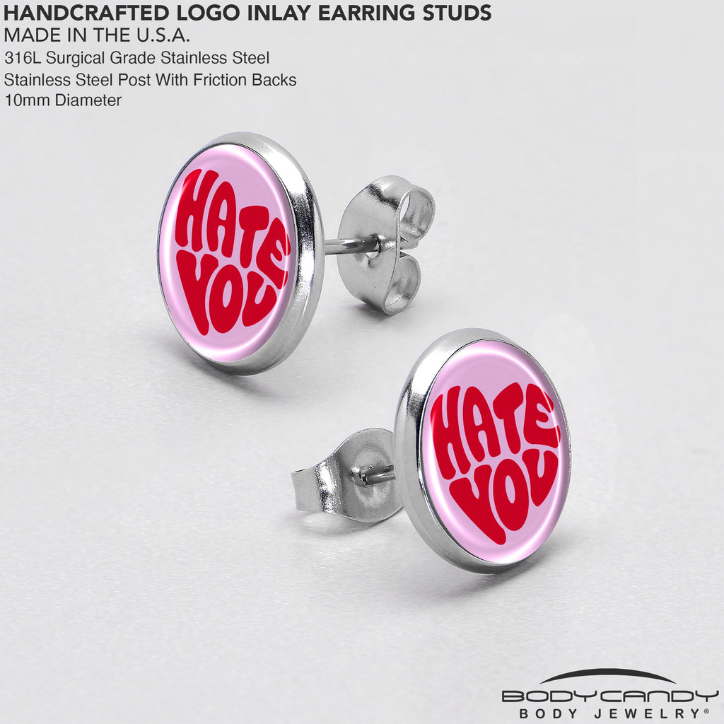 BodyCandy Retro Text Hate You Stud Earrings by Onyx O — in-use photo