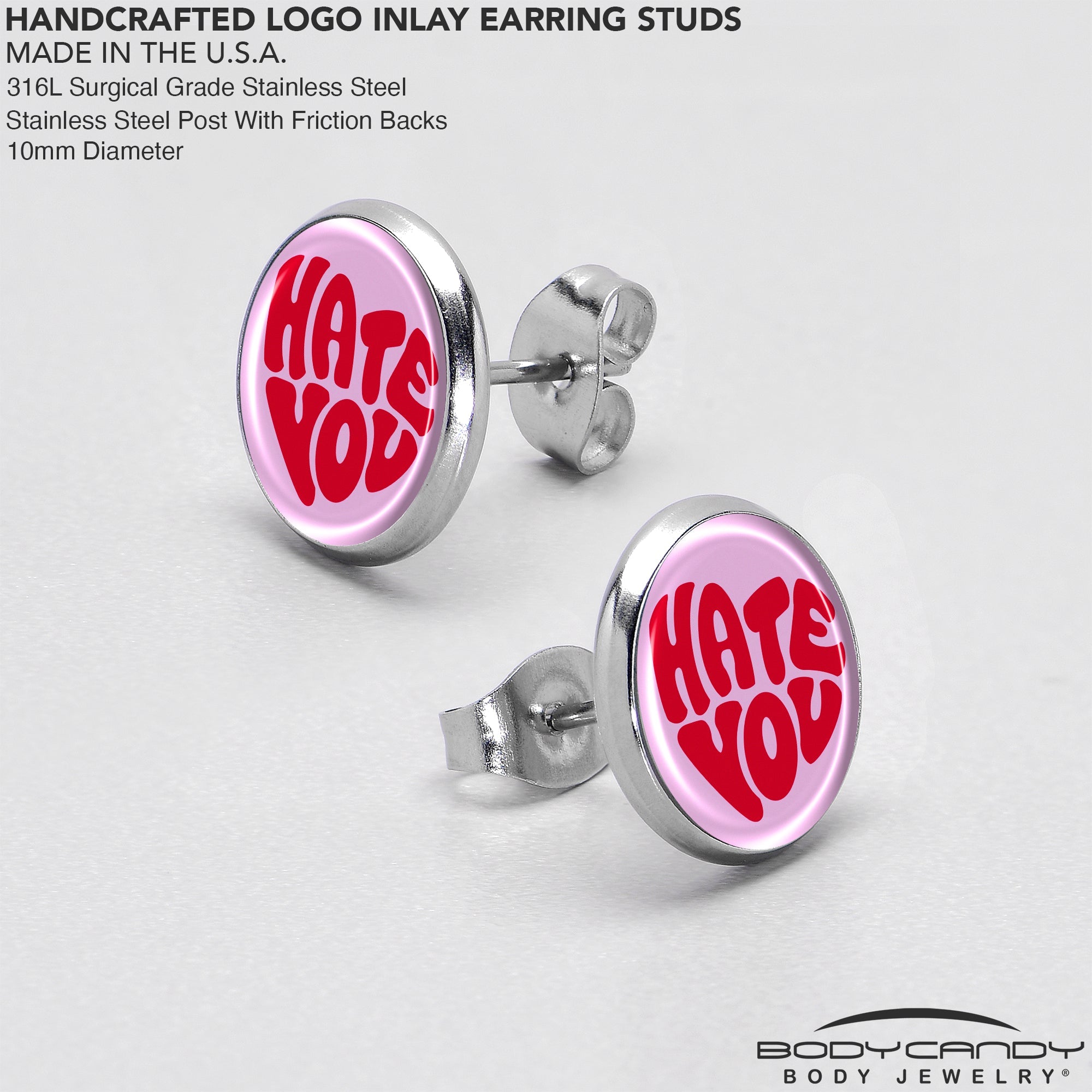 BodyCandy Retro Text Hate You Stud Earrings by Onyx O — in-use photo
