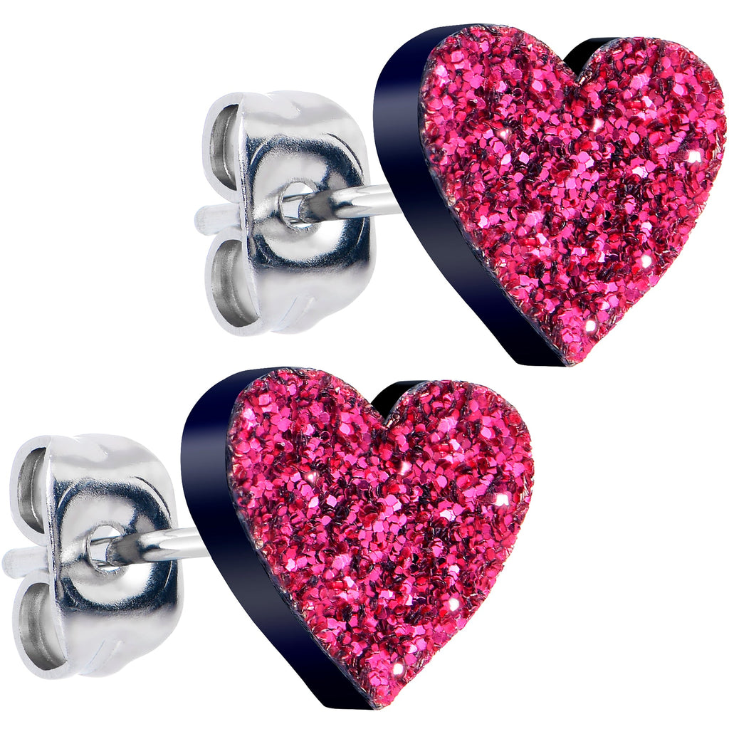 BodyCandy Glitter Heart Stud Earrings - Hypoallergenic — detail close-up