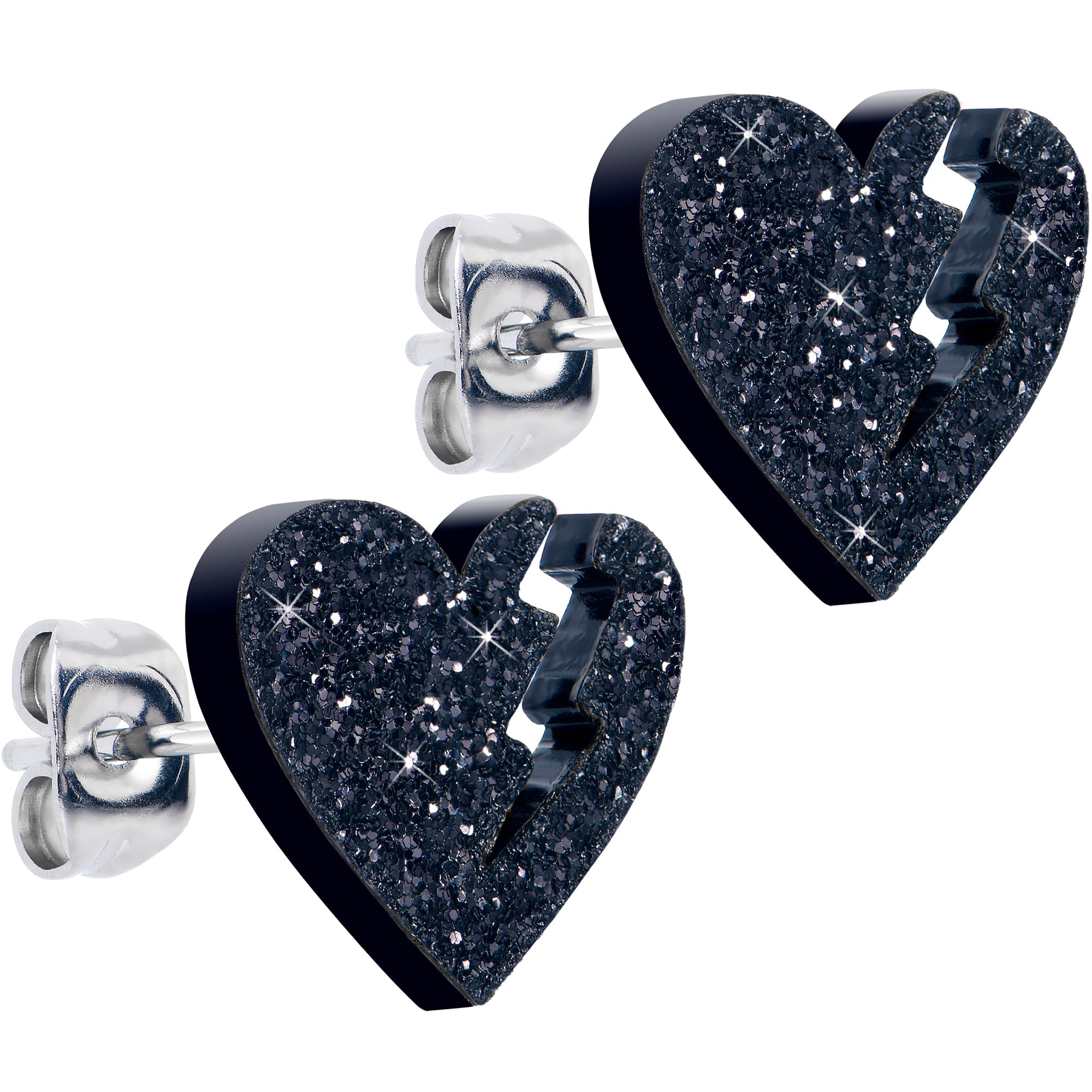 BodyCandy Glitter Heartbreaker Broken Heart Stud Earrings — detail close-up