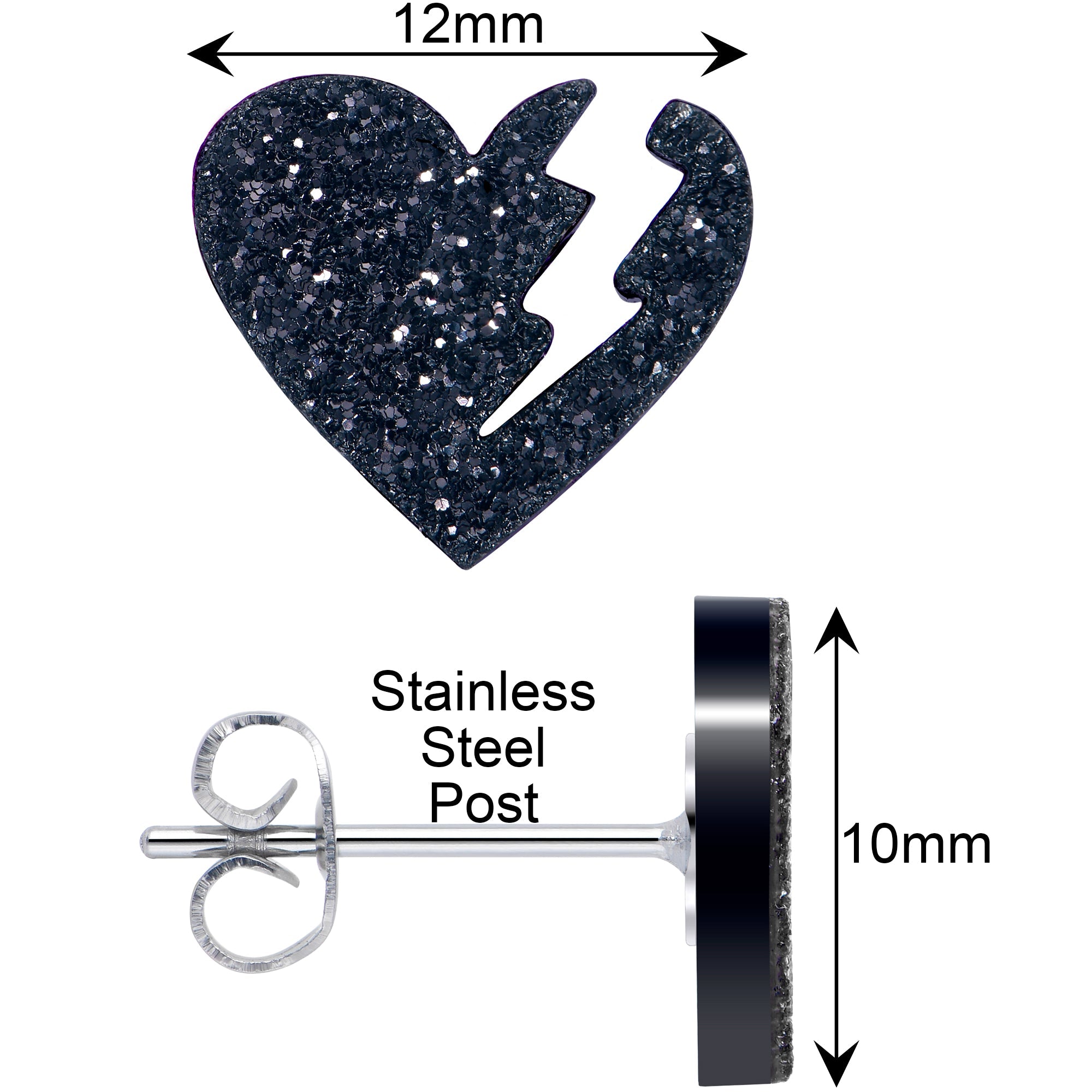 BodyCandy Glitter Heartbreaker Broken Heart Stud Earrings — back view