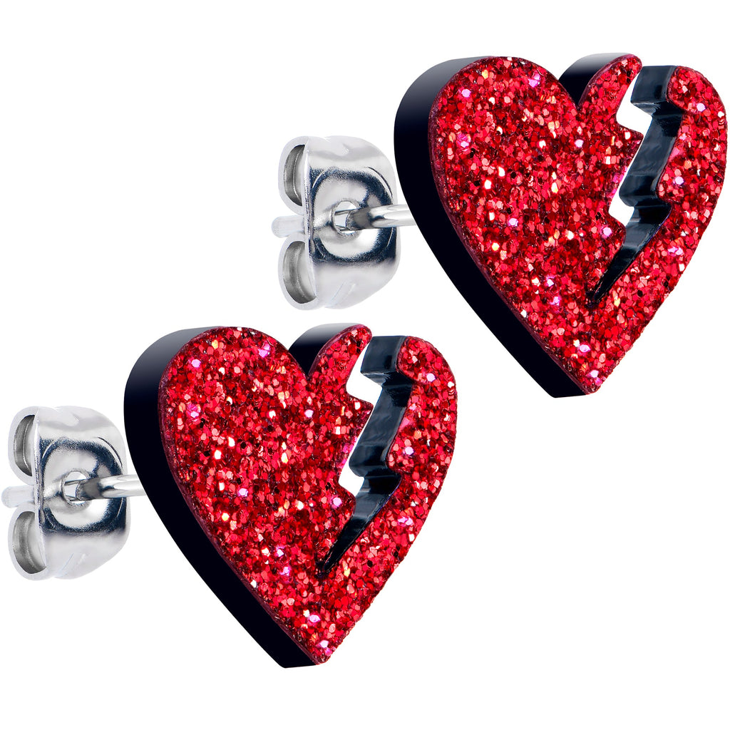 BodyCandy Glitter Heartbreaker Broken Heart Stud Earrings — side view