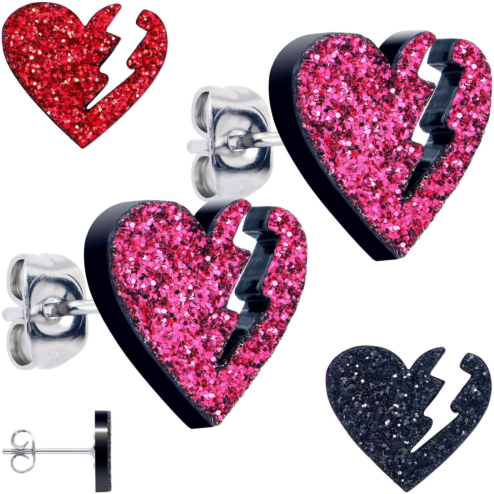 BodyCandy Glitter Heartbreaker Broken Heart Stud Earrings — main product shot