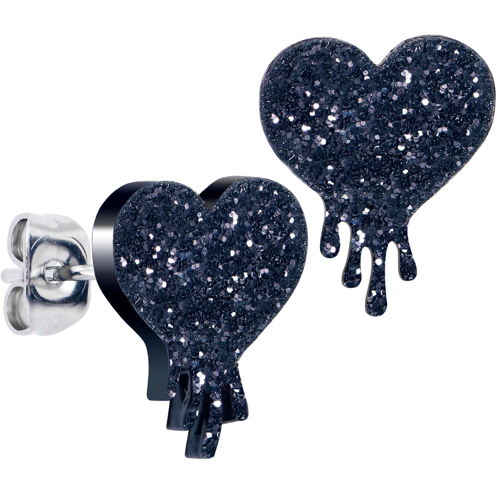 BodyCandy Glitter Melting Heart Stud Earrings — detail close-up