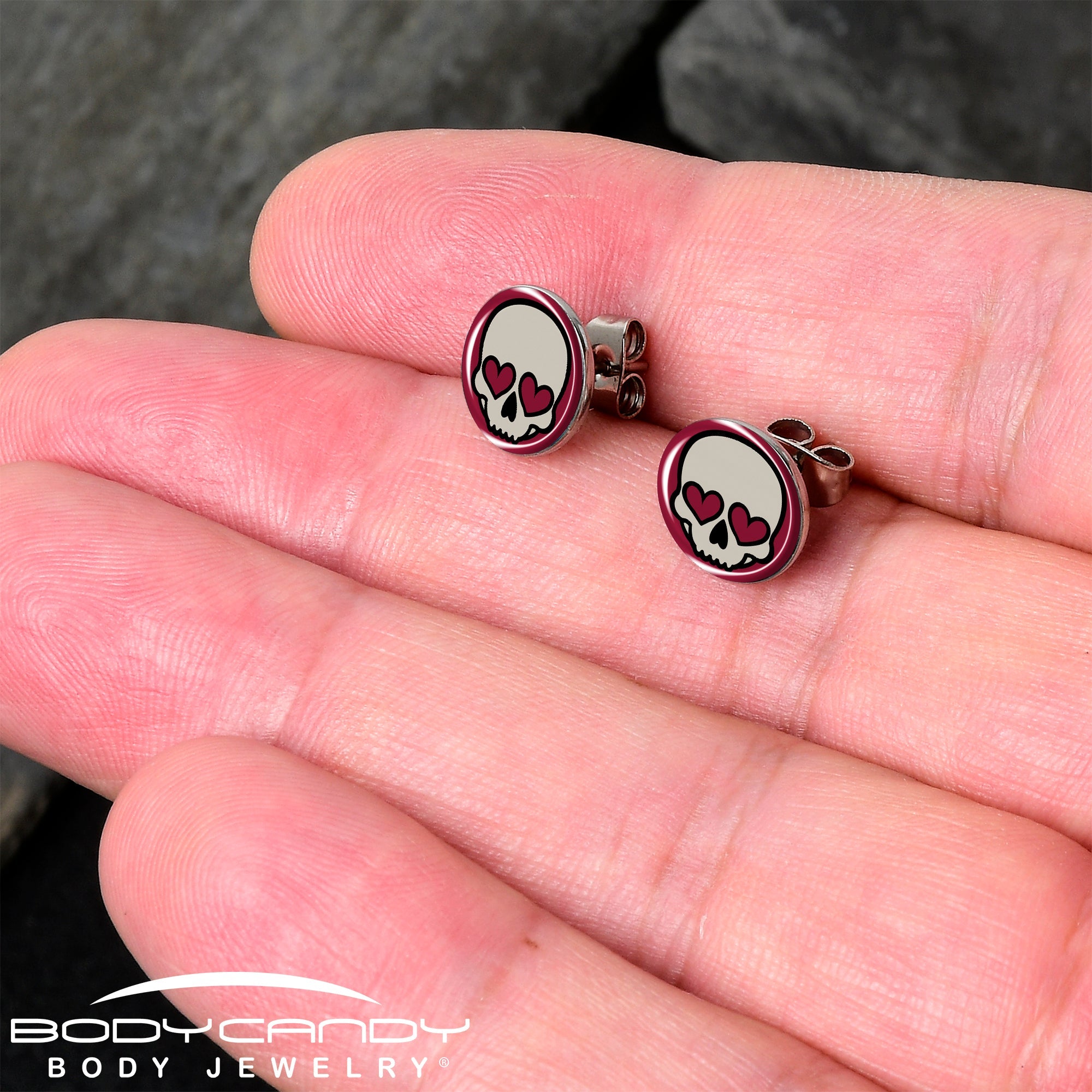 BodyCandy Valentine Heart Skull Stud Earrings — detail close-up
