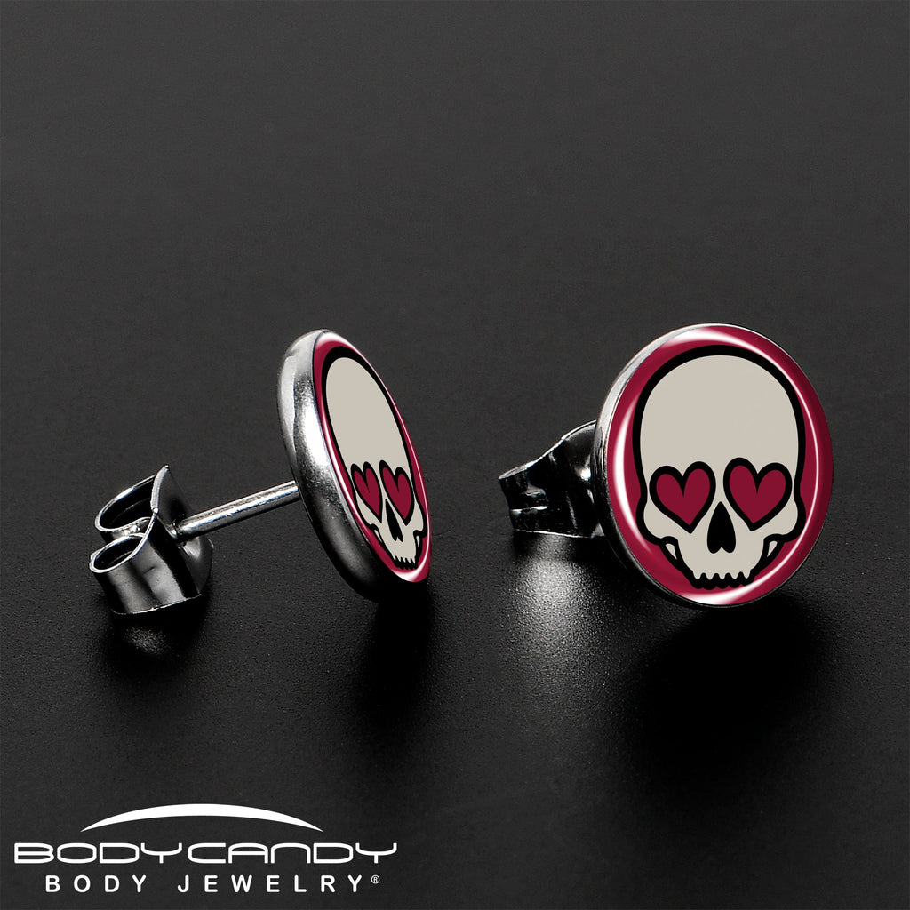 BodyCandy Valentine Heart Skull Stud Earrings — lifestyle context