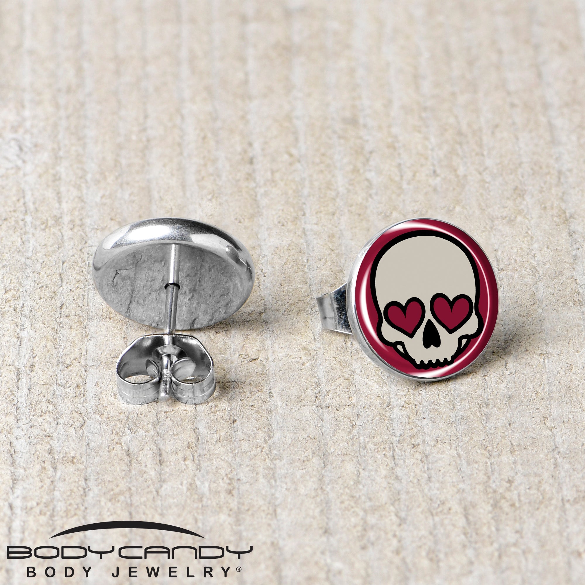 BodyCandy Valentine Heart Skull Stud Earrings — back view