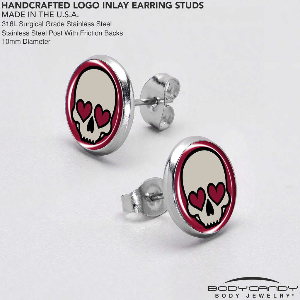 BodyCandy Valentine Heart Skull Stud Earrings — in-use photo