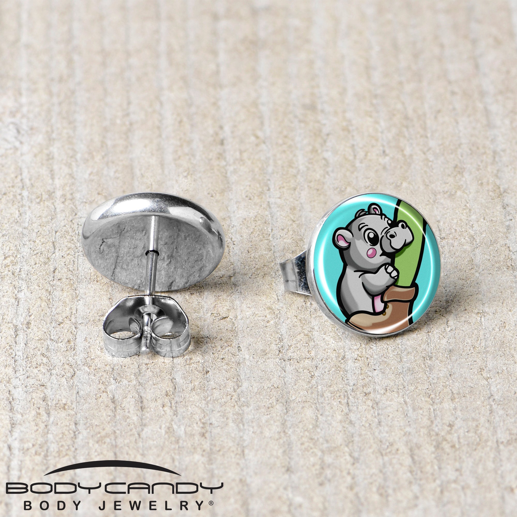 BodyCandy Cute Biting Baby Hippo Stud Earrings — back view