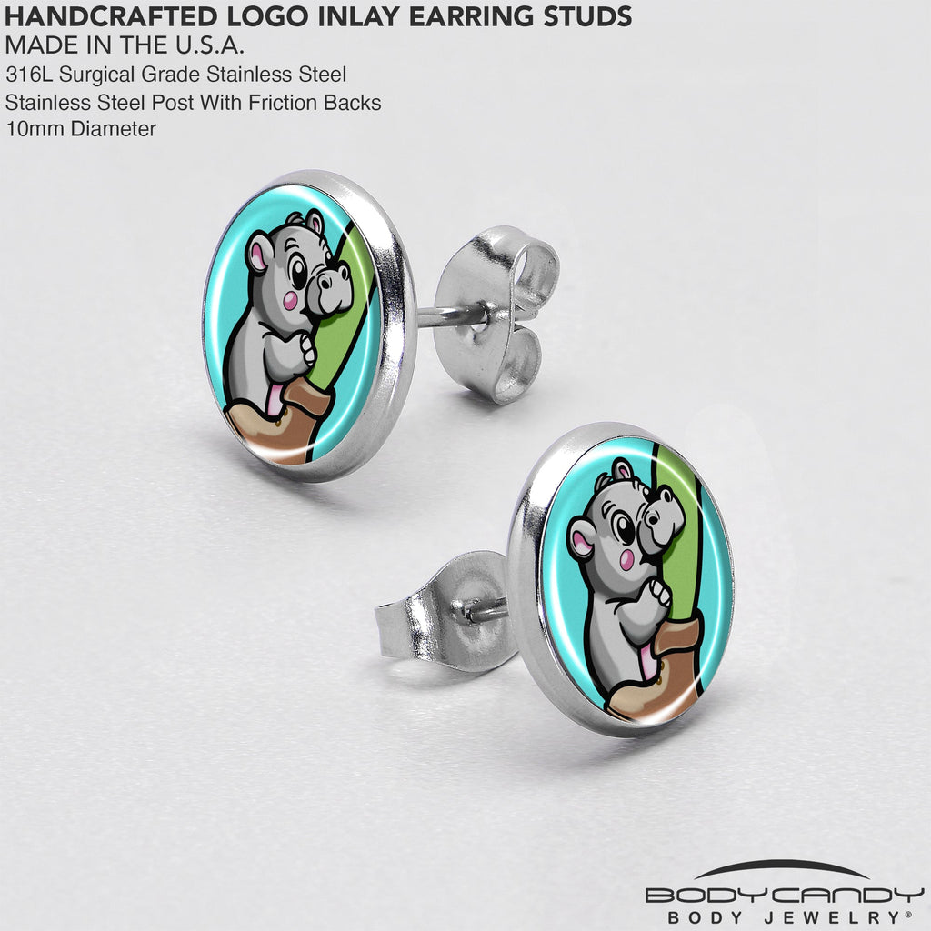 BodyCandy Cute Biting Baby Hippo Stud Earrings — in-use photo