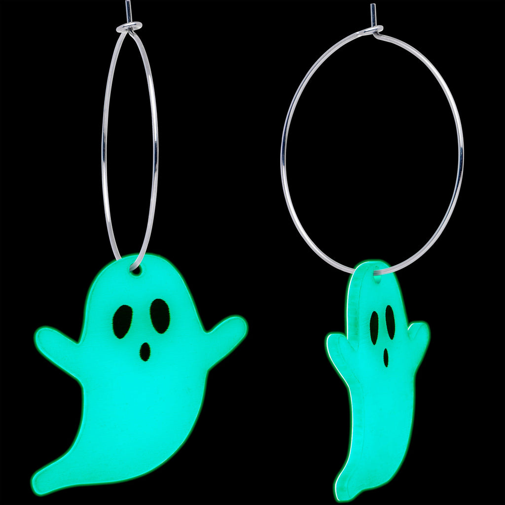 BodyCandy Acrylicious Glow in the Dark Haunting Ghost Hoop Earrings — detail close-up