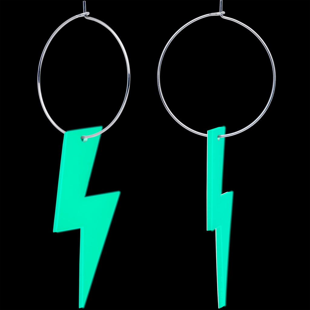 BodyCandy Acrylicious Glow in the Dark Lightning Bolt Hoop Earrings — detail close-up