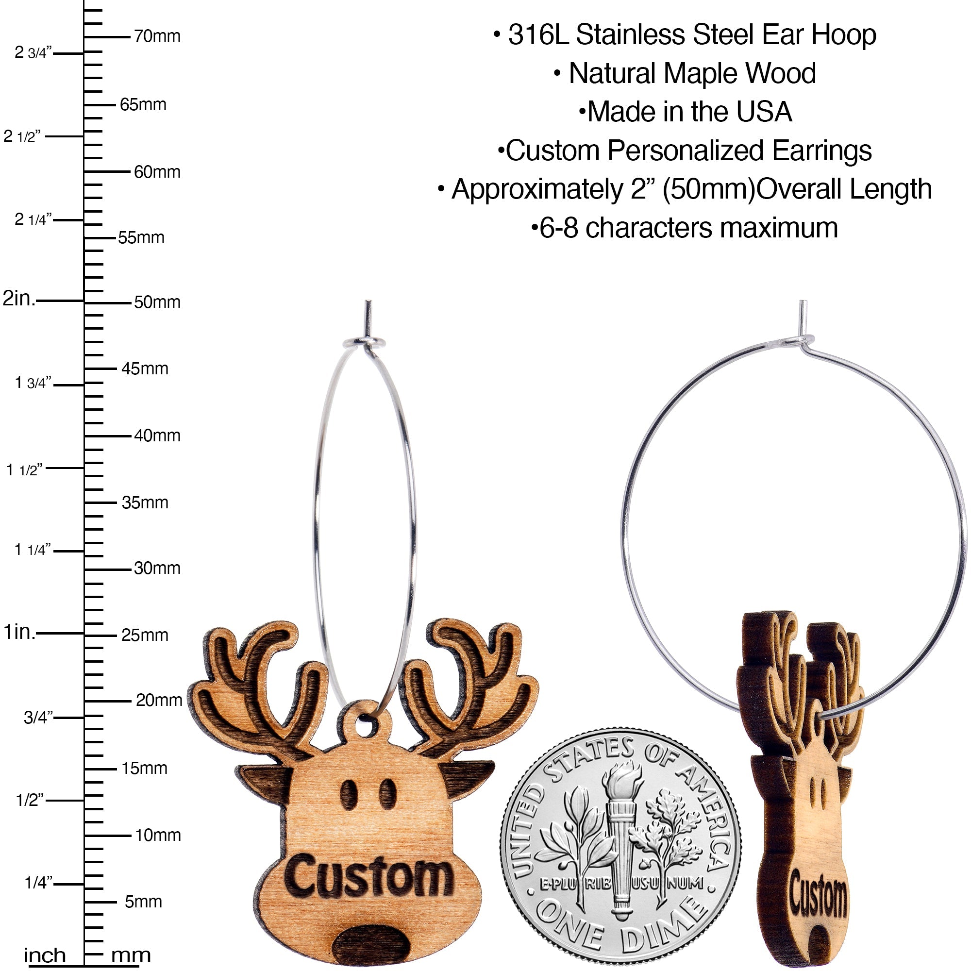 BodyCandy Custom Natural Wood Holiday Reindeer Personalized Hoop Earrings — detail close-up