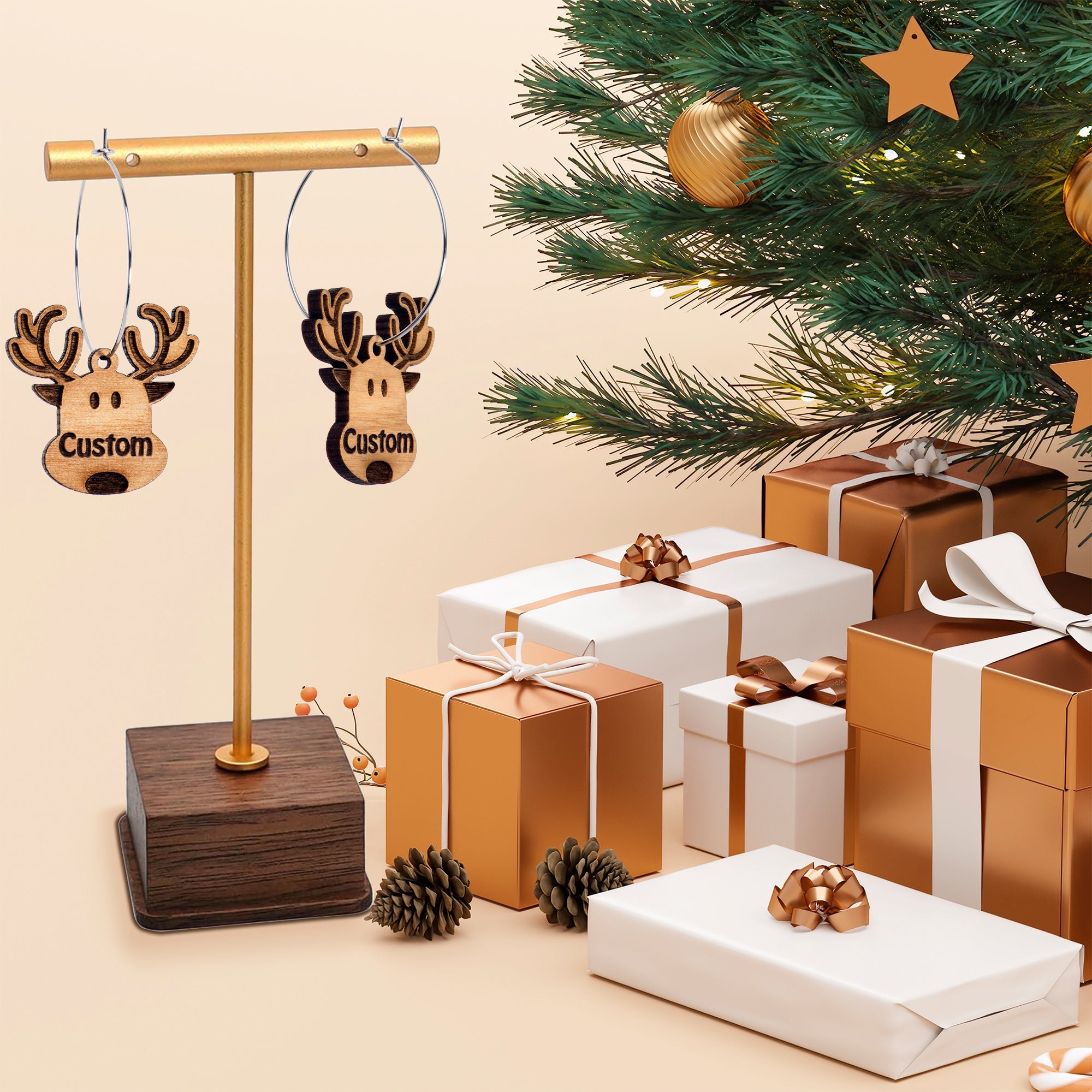BodyCandy Custom Natural Wood Holiday Reindeer Personalized Hoop Earrings — lifestyle context