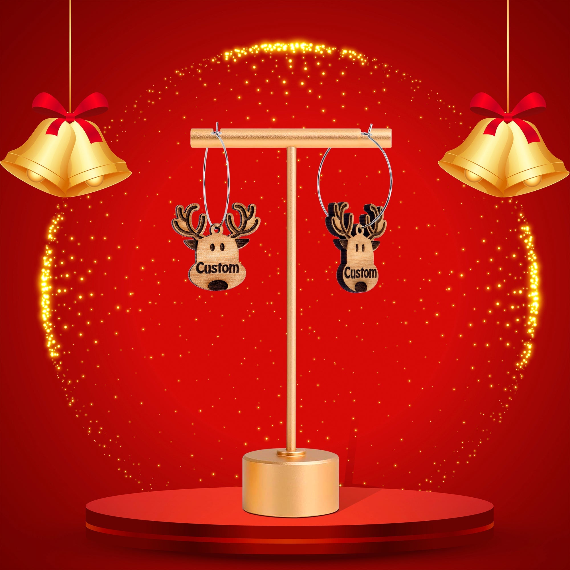 BodyCandy Custom Natural Wood Holiday Reindeer Personalized Hoop Earrings — back view
