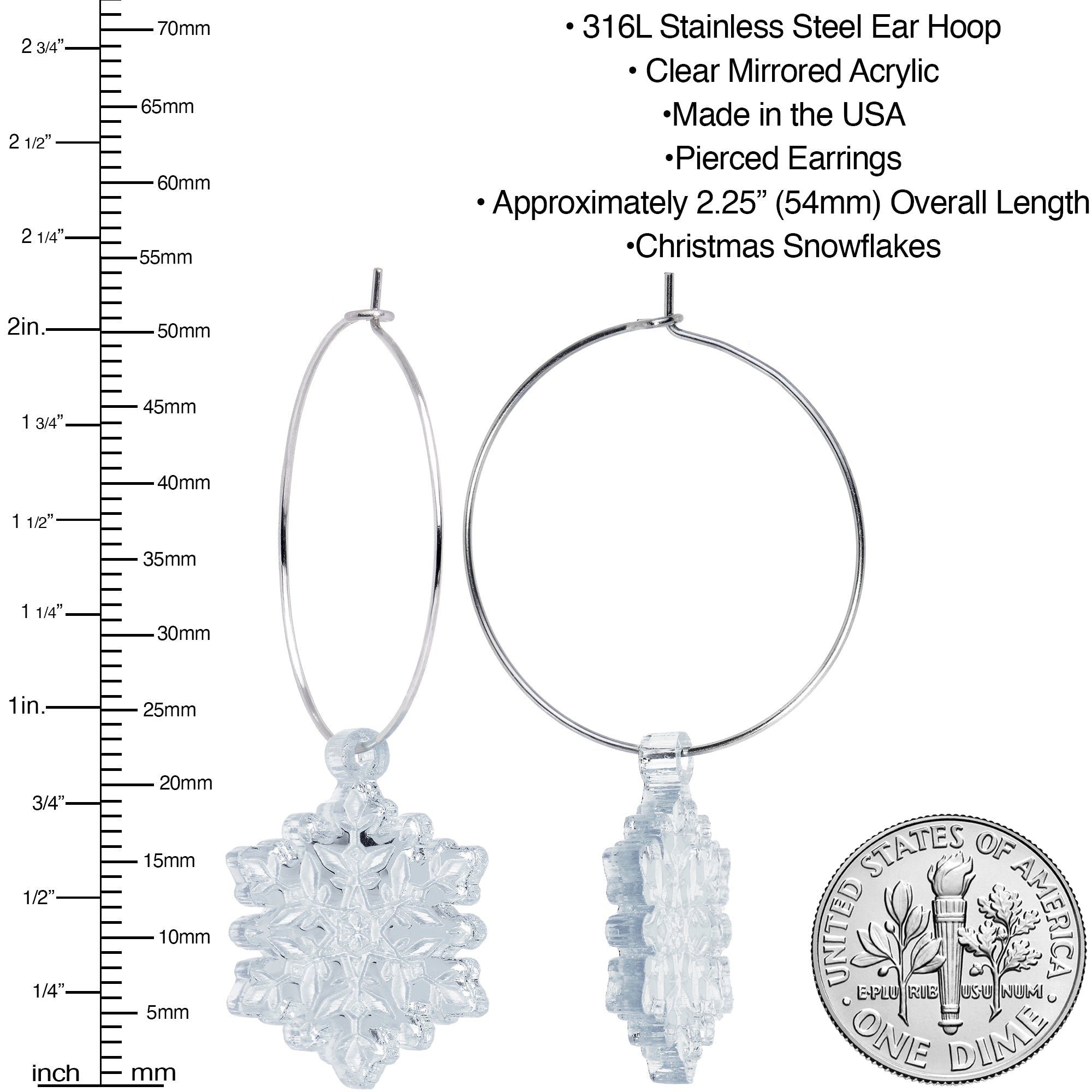 BodyCandy Ice Clear Winter Snowflake Hoop Earrings — detail close-up